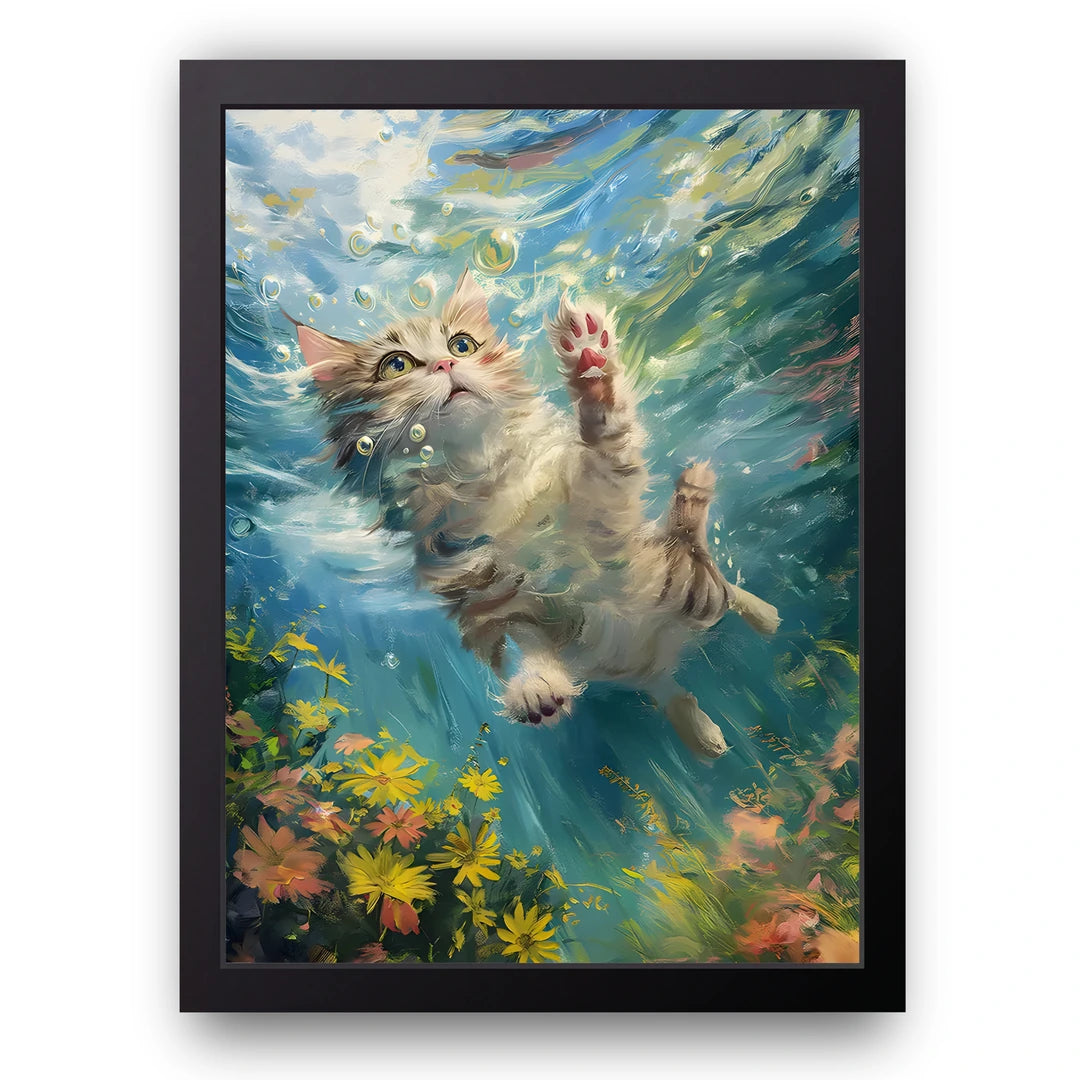 Swimming Cat animal poster in black frame