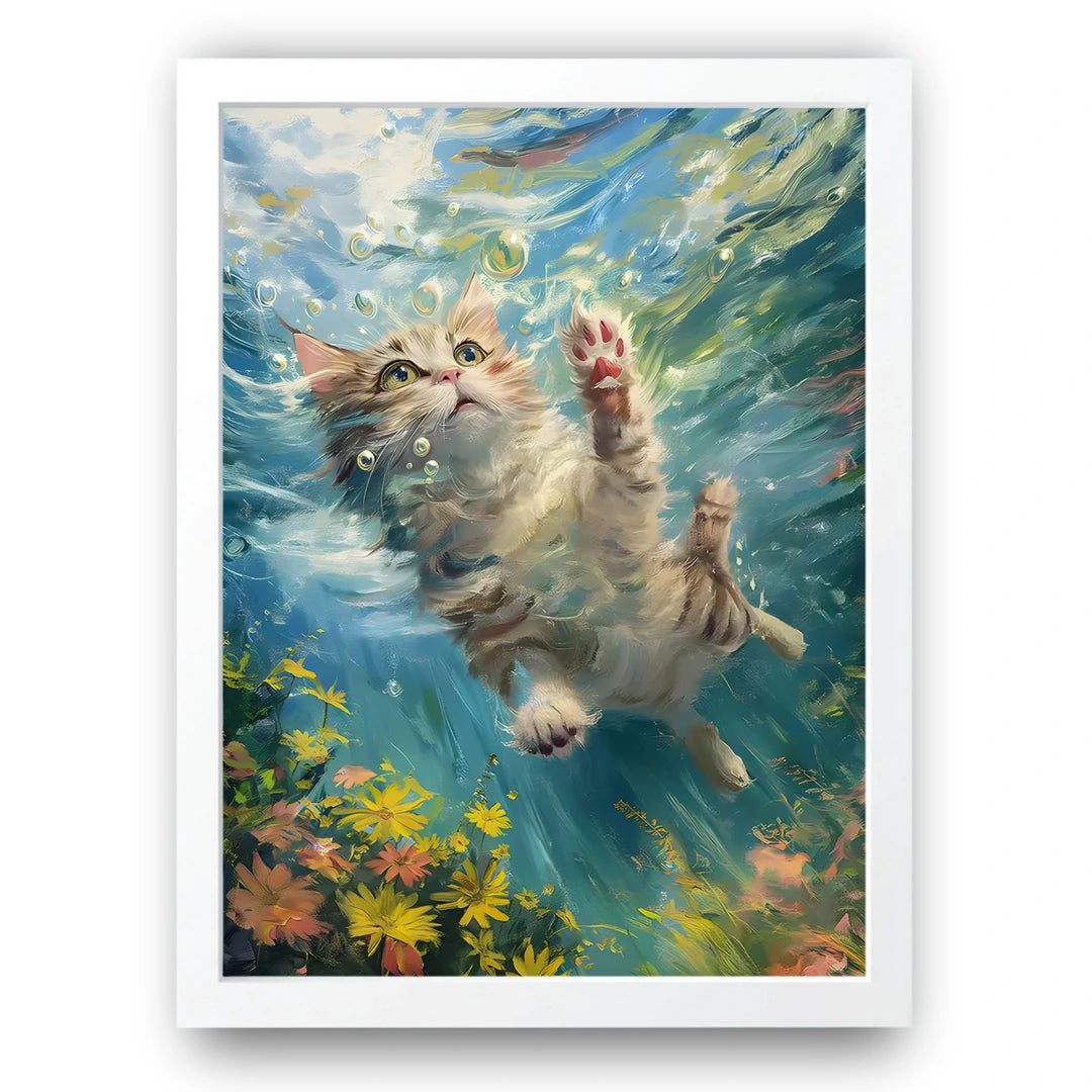 Swimming Cat animal poster in white frame