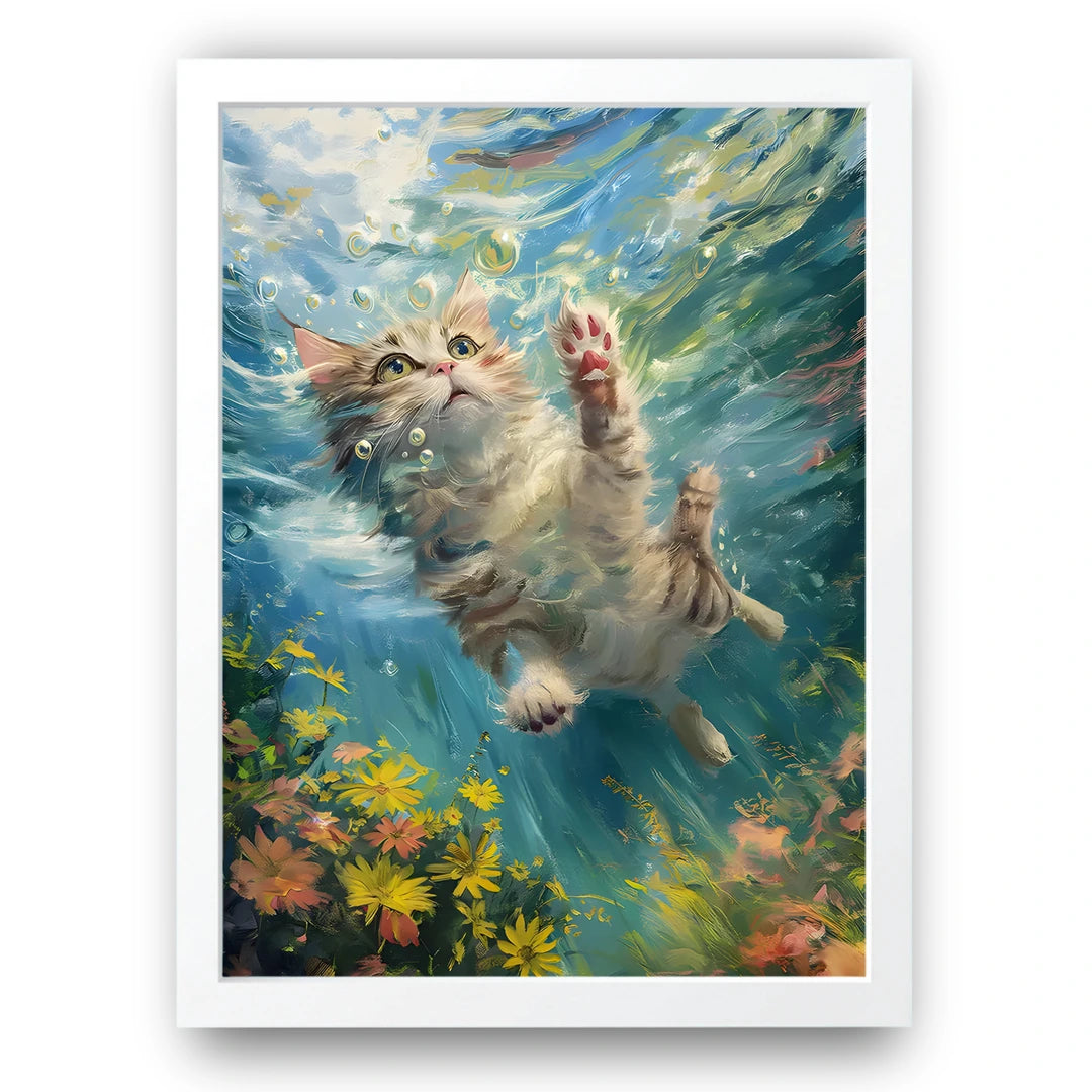 Swimming Cat animal poster in white frame