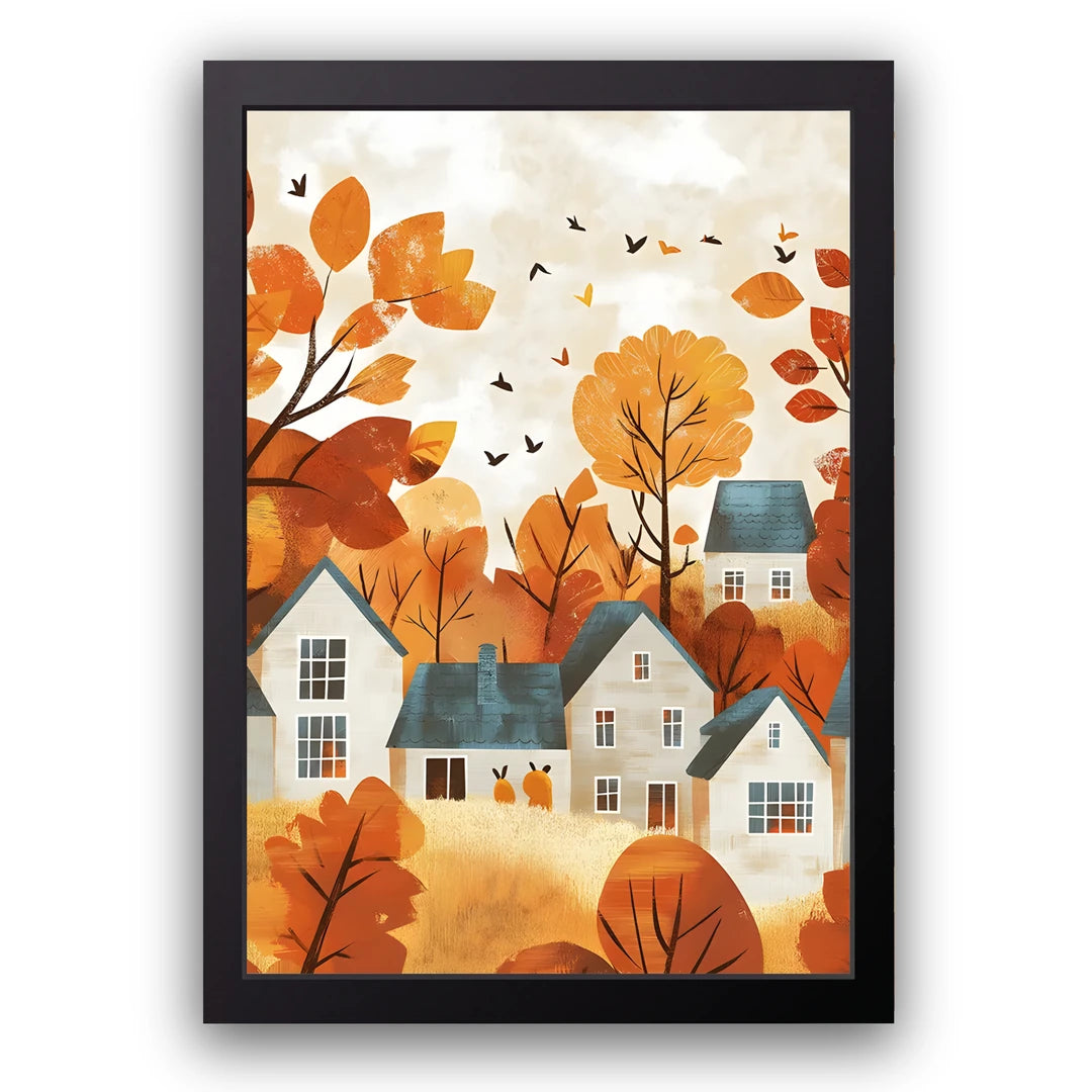 Autumn Village art poster in black frame