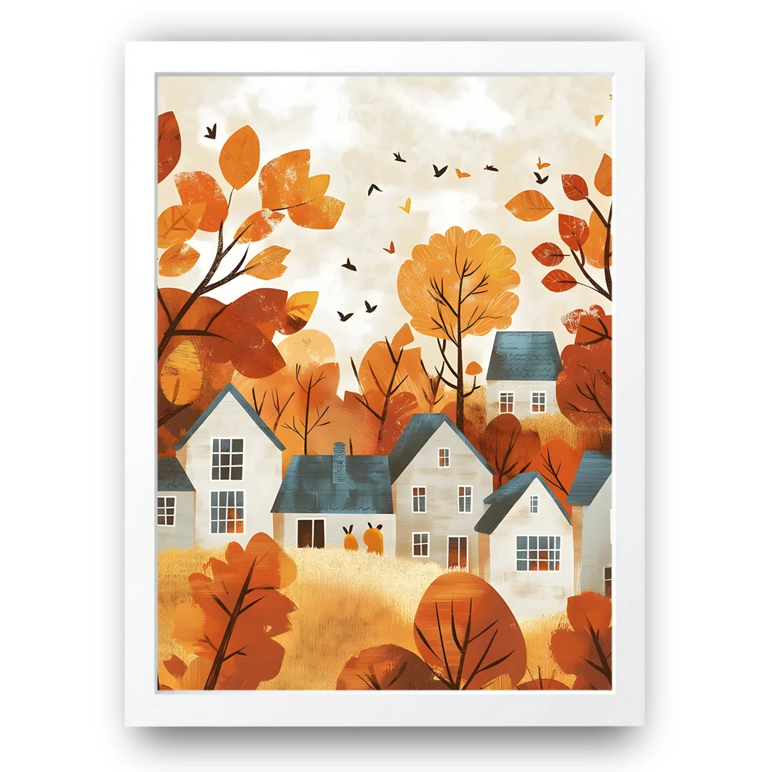 Autumn Village art poster in white frame