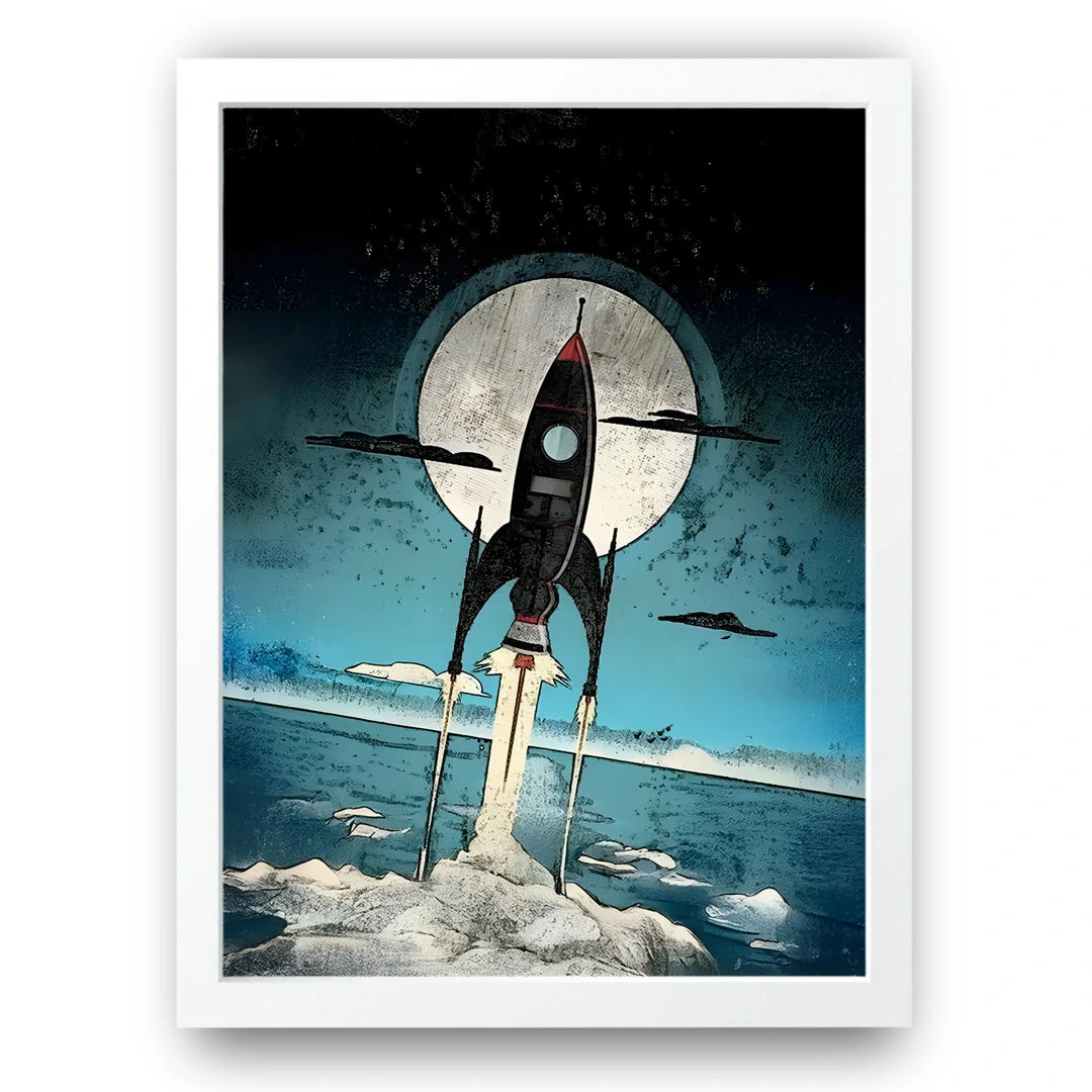 Rocket Rise art poster in white frame