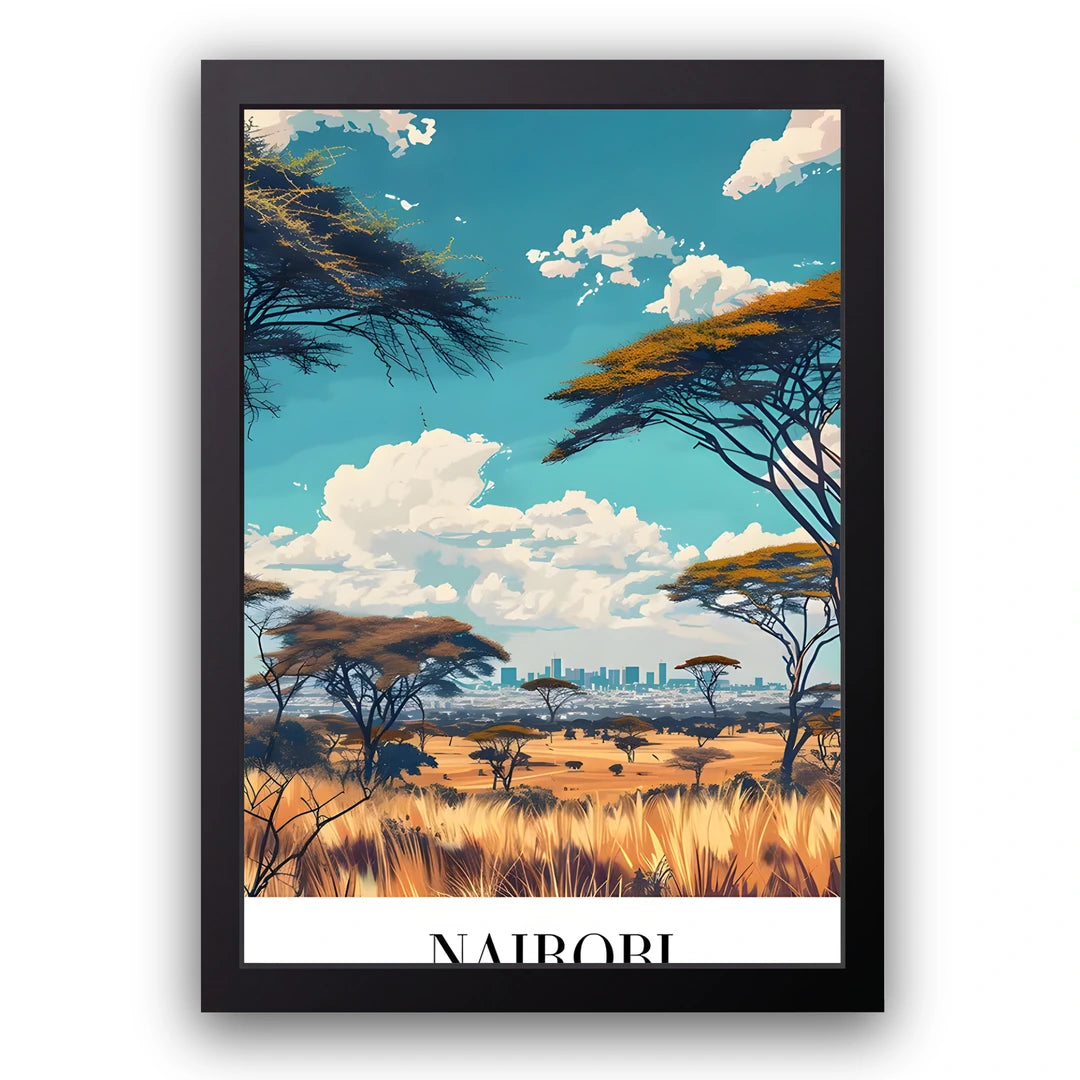 Nairobi travel poster in black frame