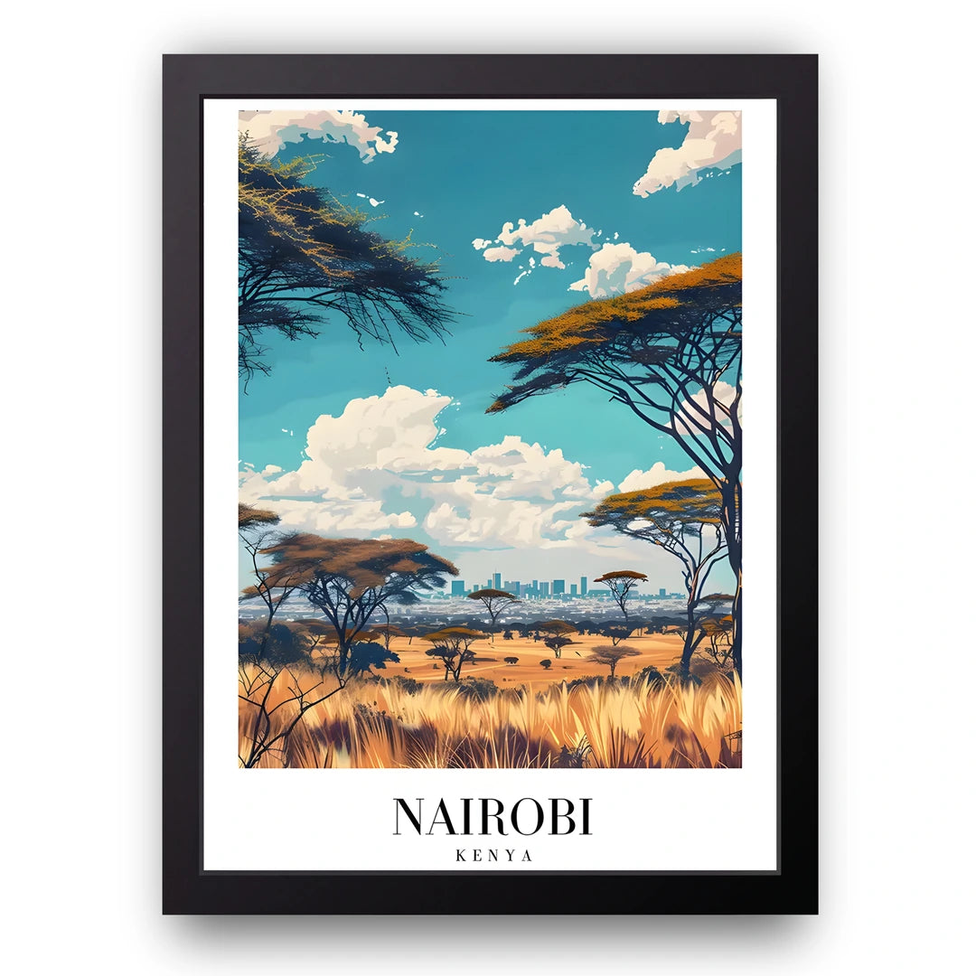 Nairobi travel poster in black frame