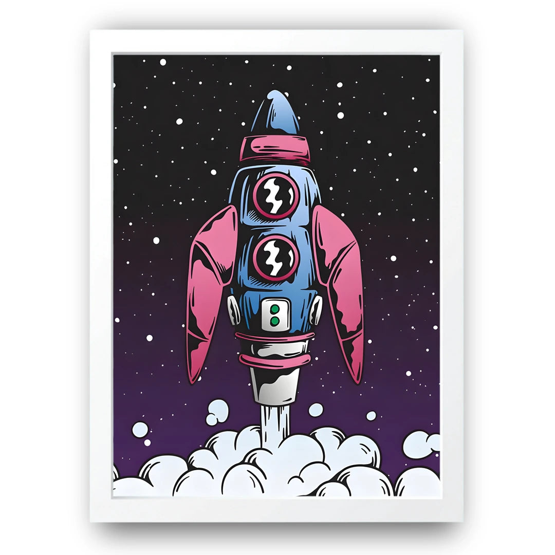 Pop Rocket cartoon poster in white frame