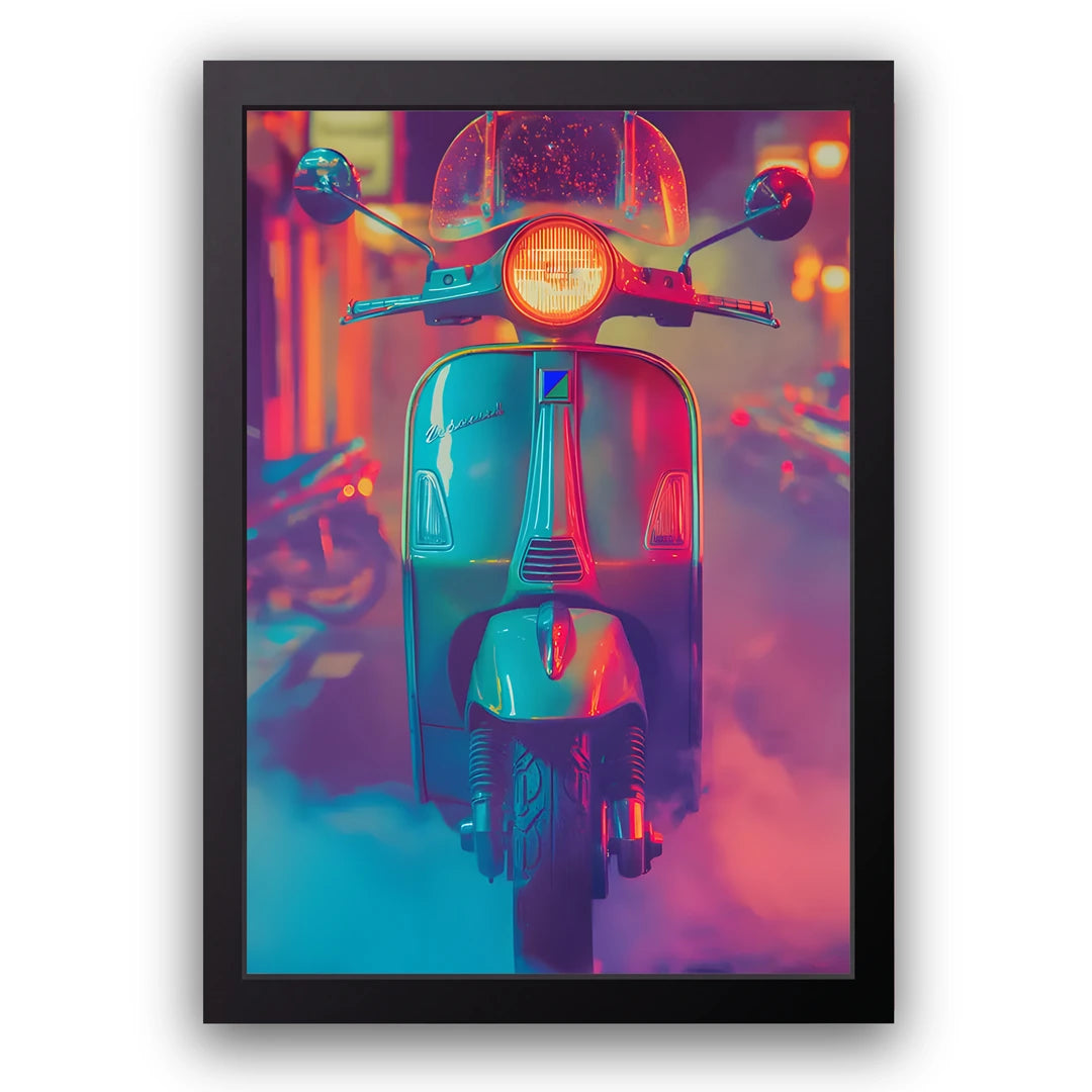 Neon Scooter retro poster in black frame