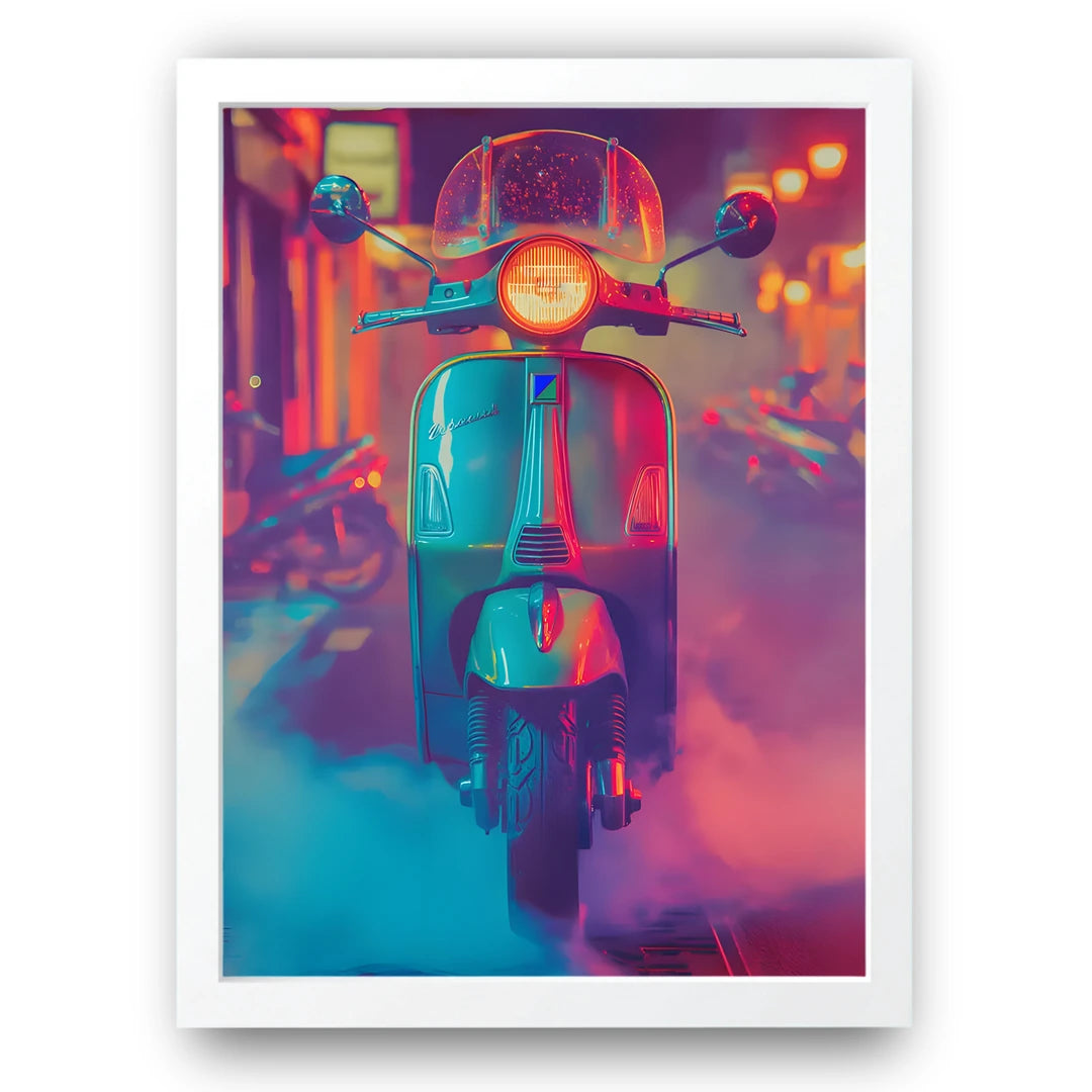 Neon Scooter retro poster in white frame