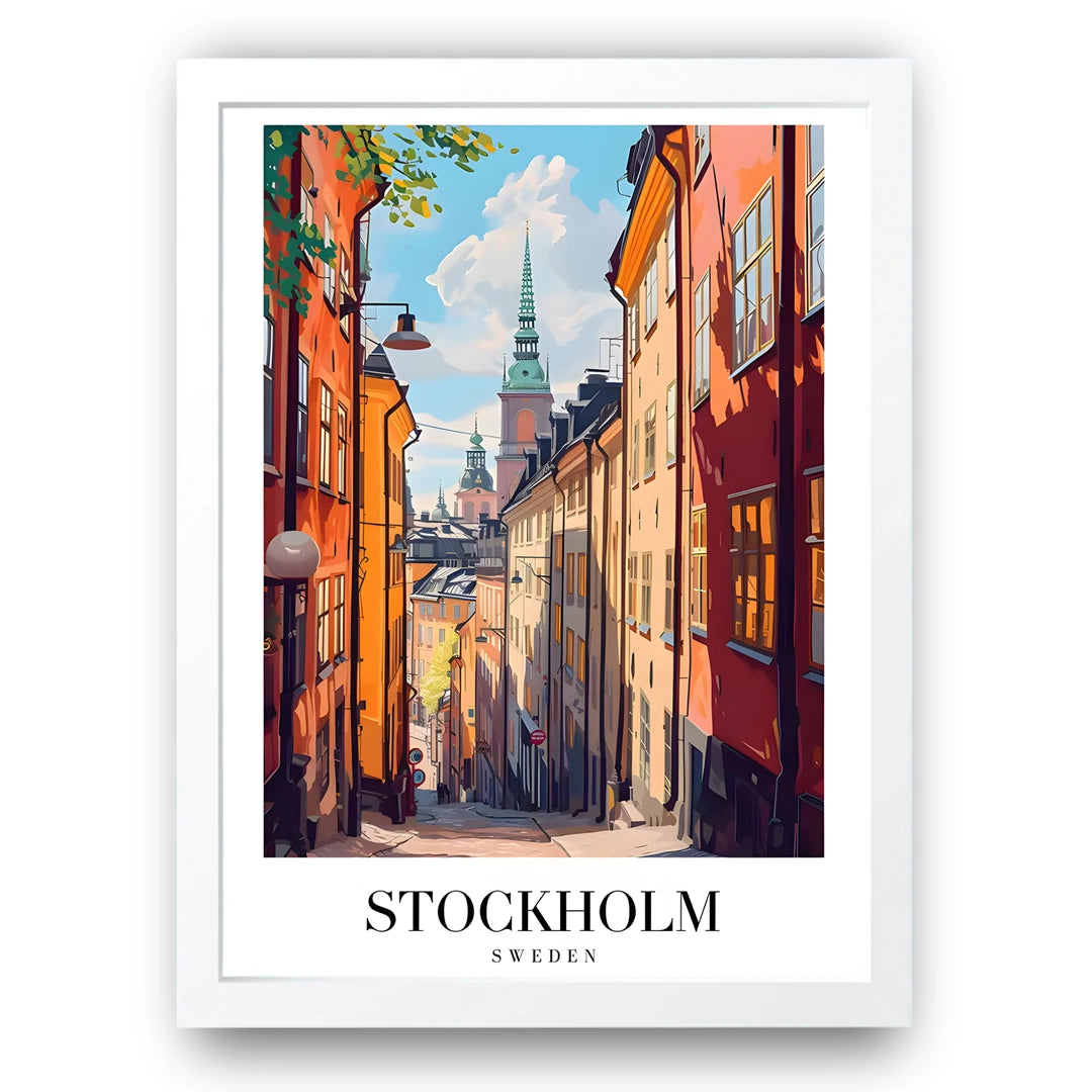 Stockholm travel poster in white frame