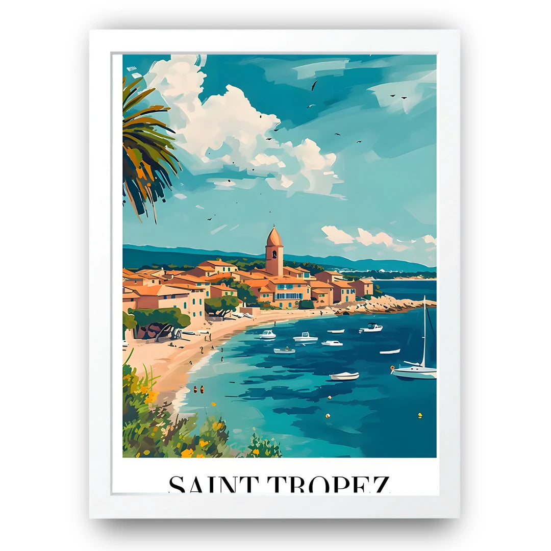 Saint Tropez travel poster in white frame
