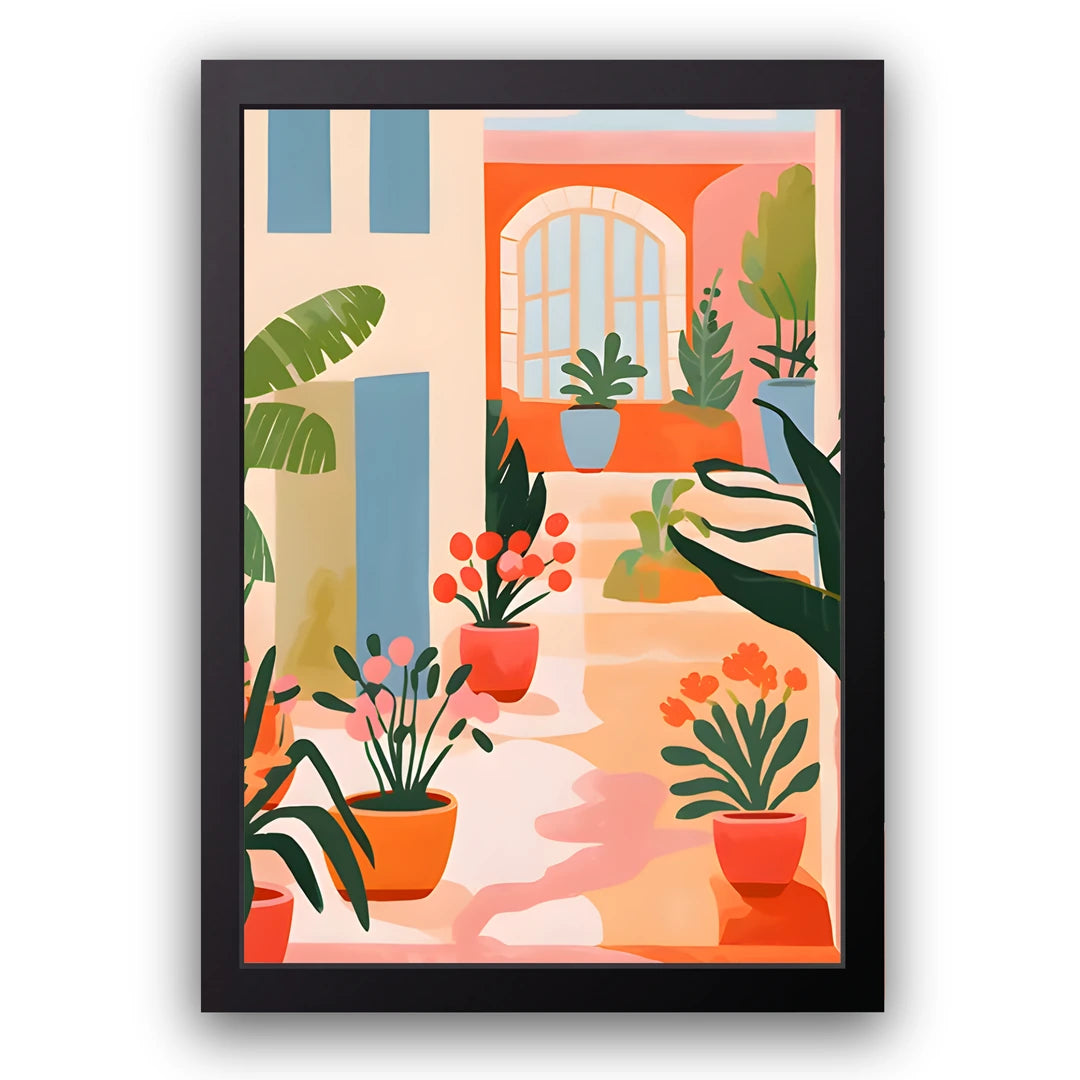 Courtyard Pots art poster in black frame