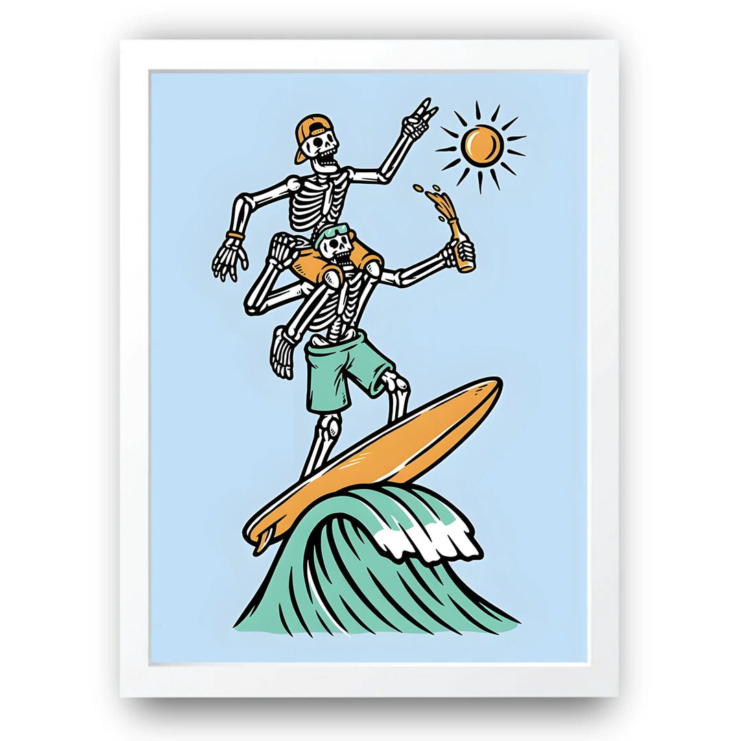 Surfing Skeleton cartoon poster in white frame