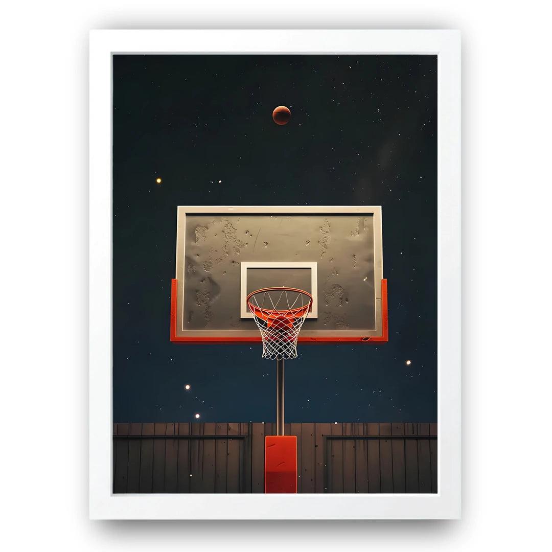Night Hoop basketball poster in white frame
