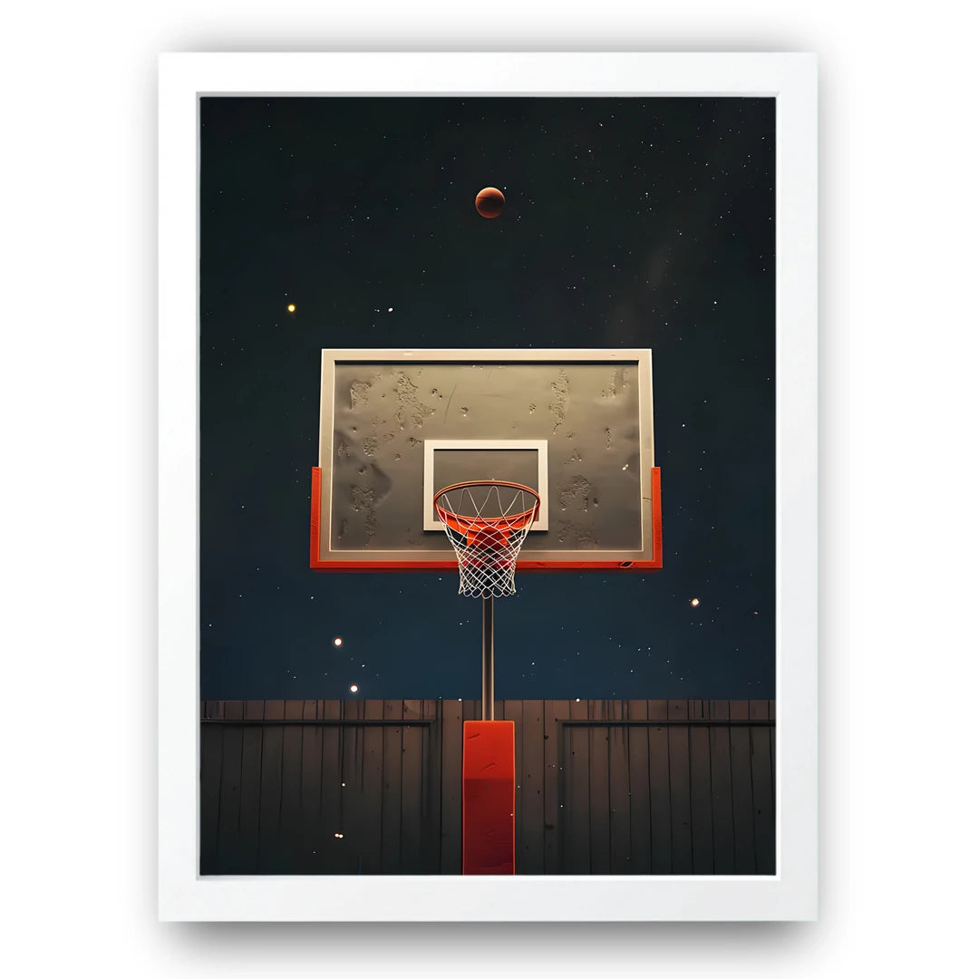 Night Hoop basketball poster in white frame