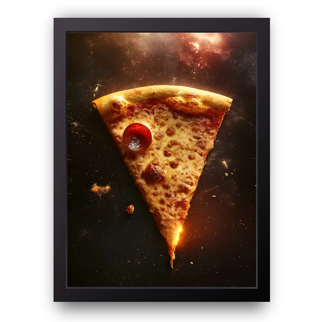Space Pizza art poster in black frame