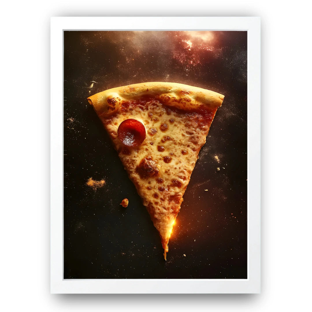 Space Pizza art poster in white frame