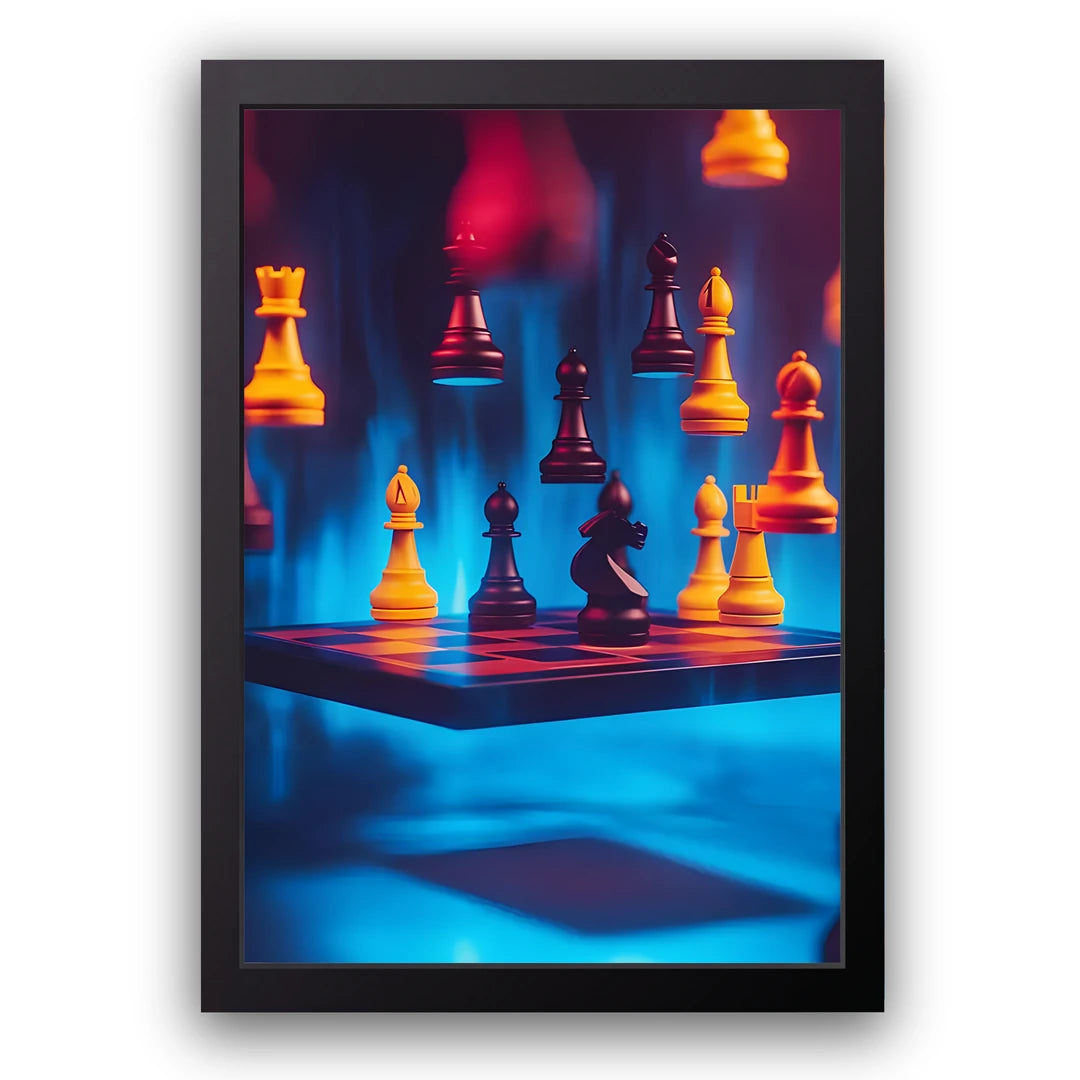 Neon Chess art poster in black frame