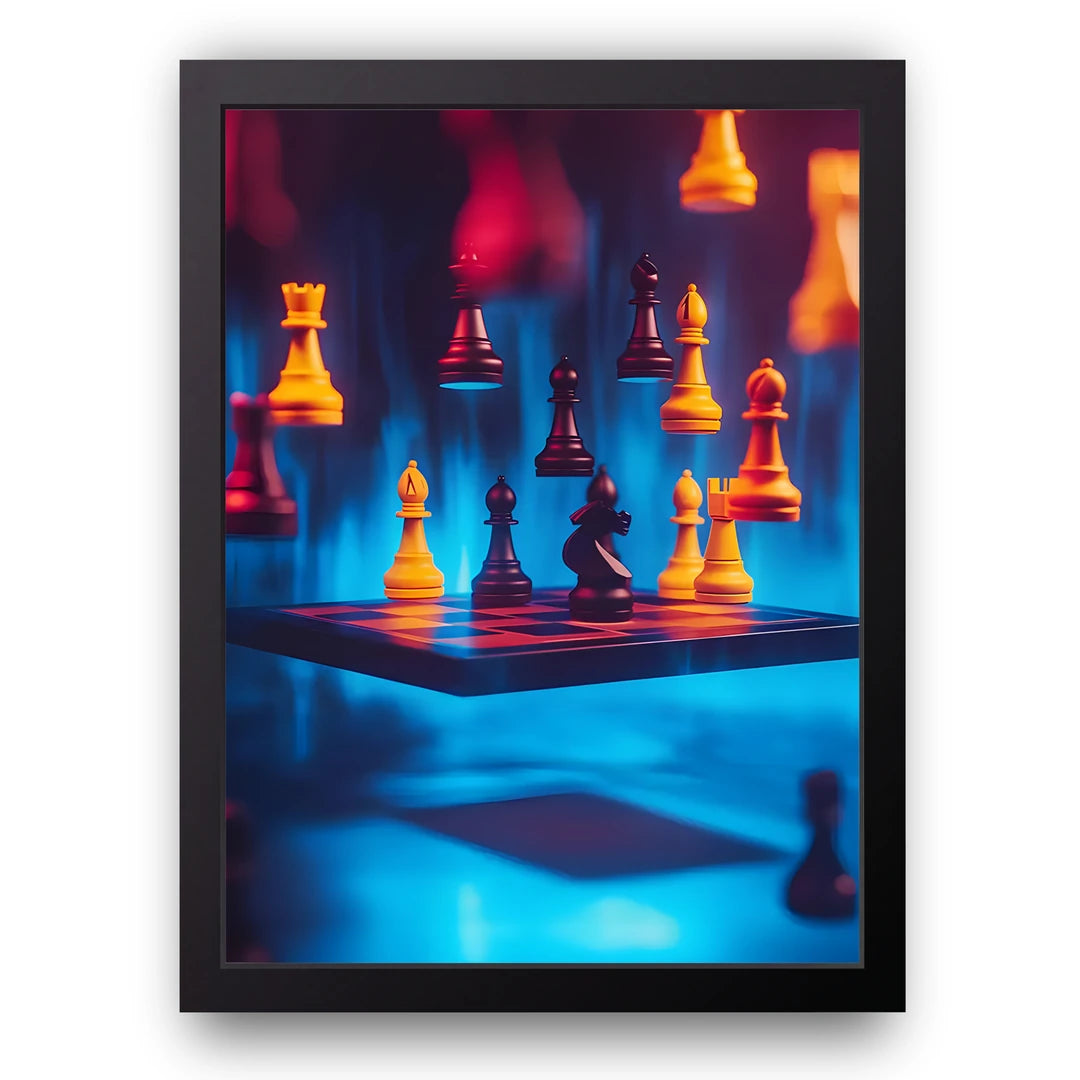 Neon Chess art poster in black frame