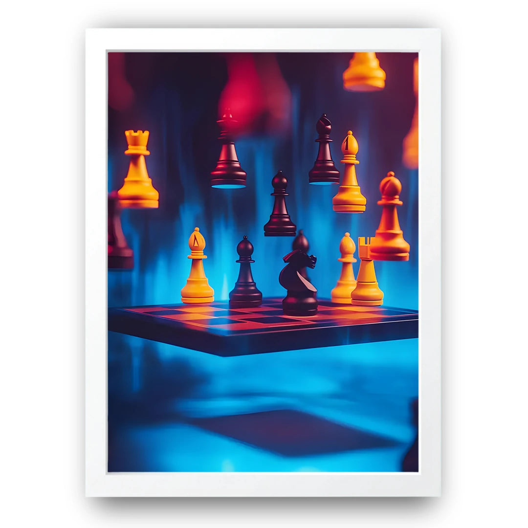 Neon Chess art poster in white frame