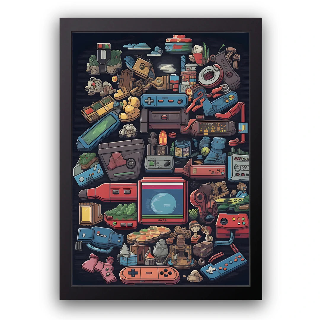 Retro gaming consoles pixel art poster in black frame
