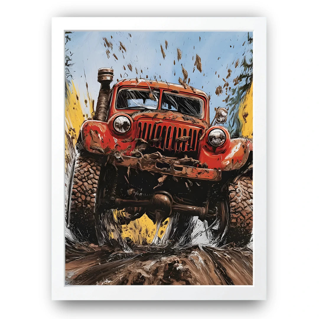 Mud Runner off-road car poster in white frame