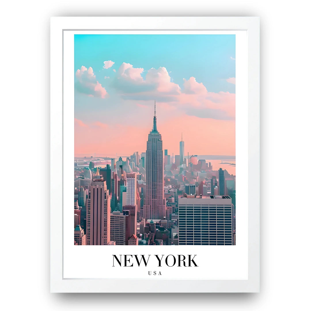 New York Skyline travel poster in white frame