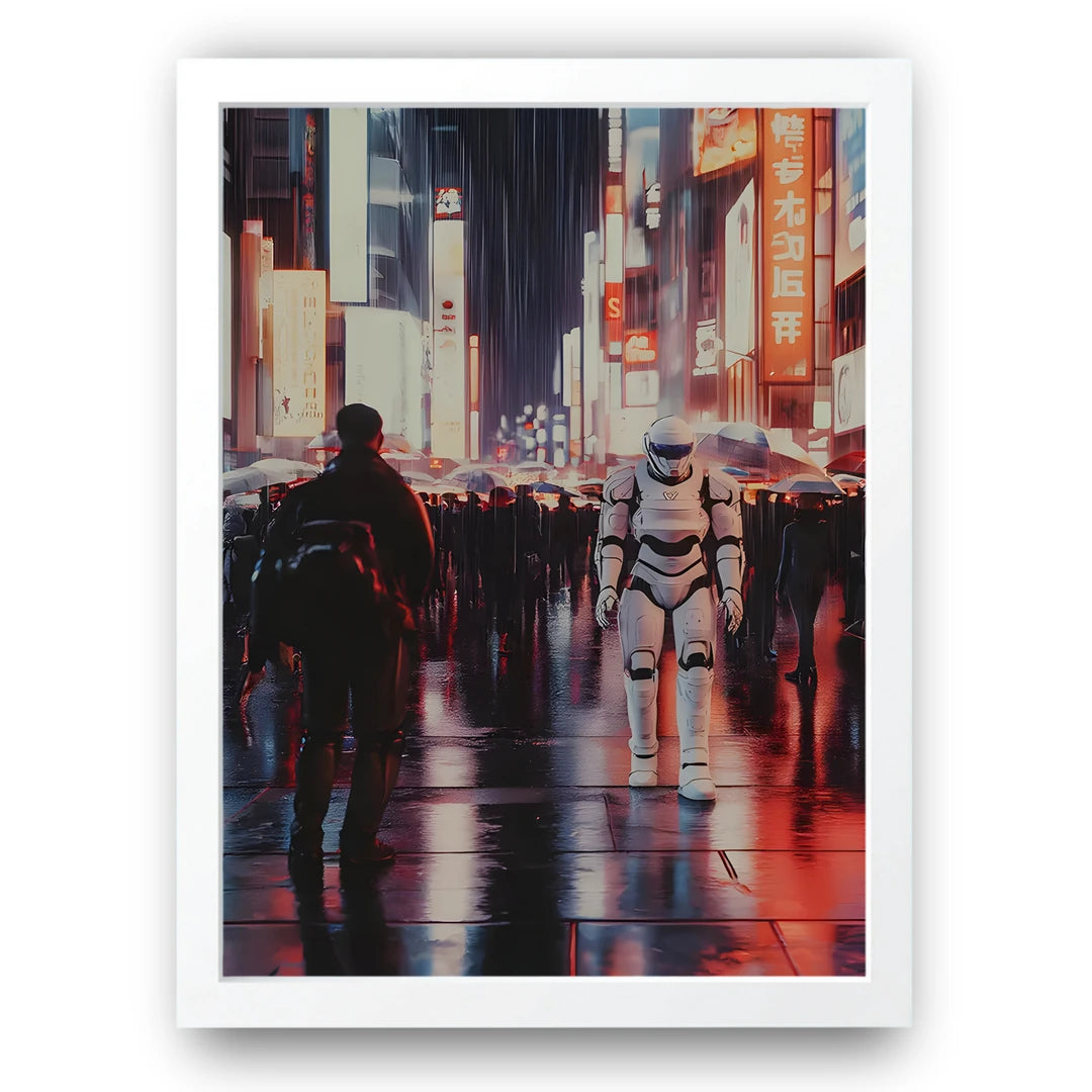 Trooper In The Rain art poster in white frame