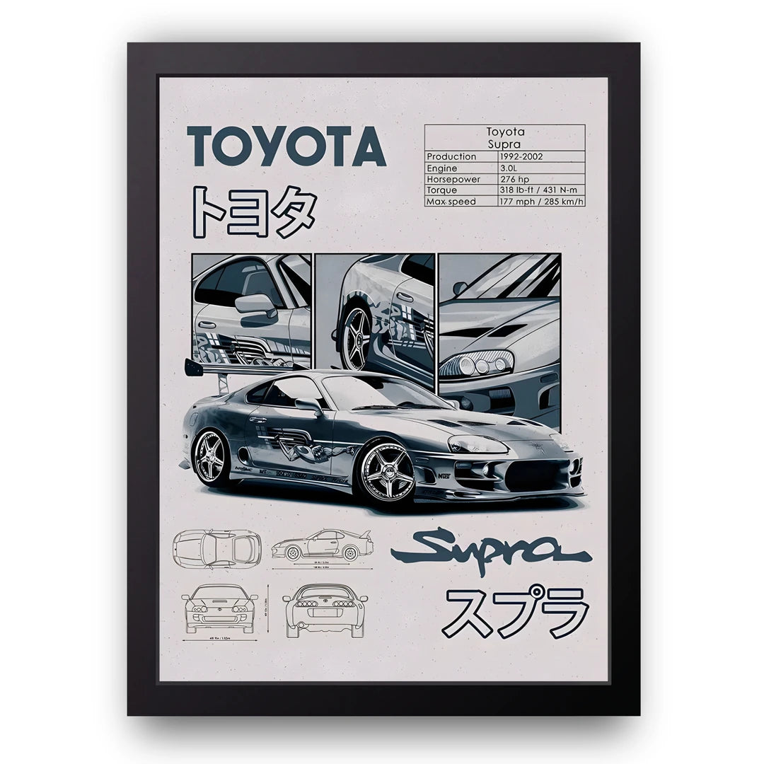 Toyota Supra Blueprint car poster in black frame