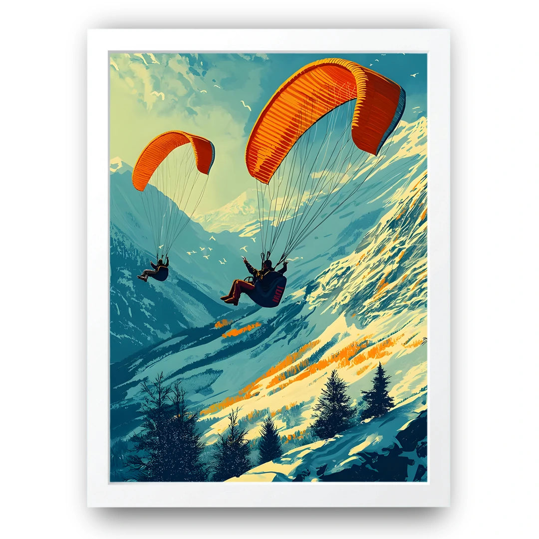 Paragliders over snowy mountains poster in white frame