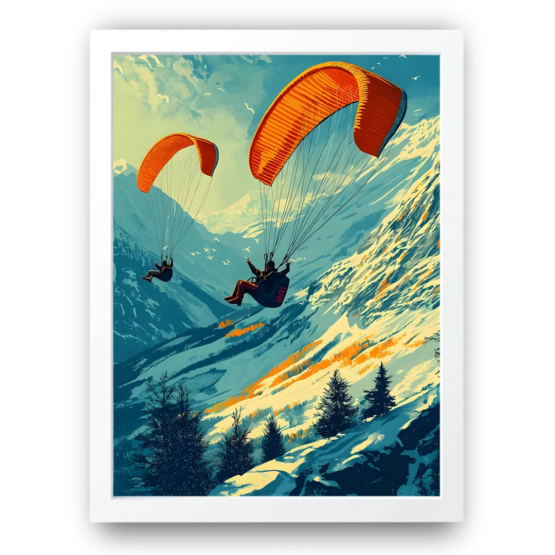 Paragliders over snowy mountains poster in white frame