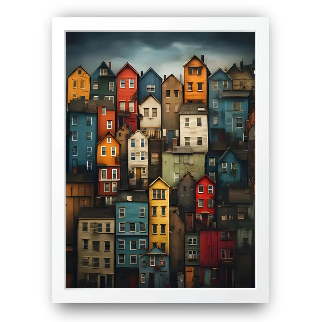 Colourful Houses art poster in white frame