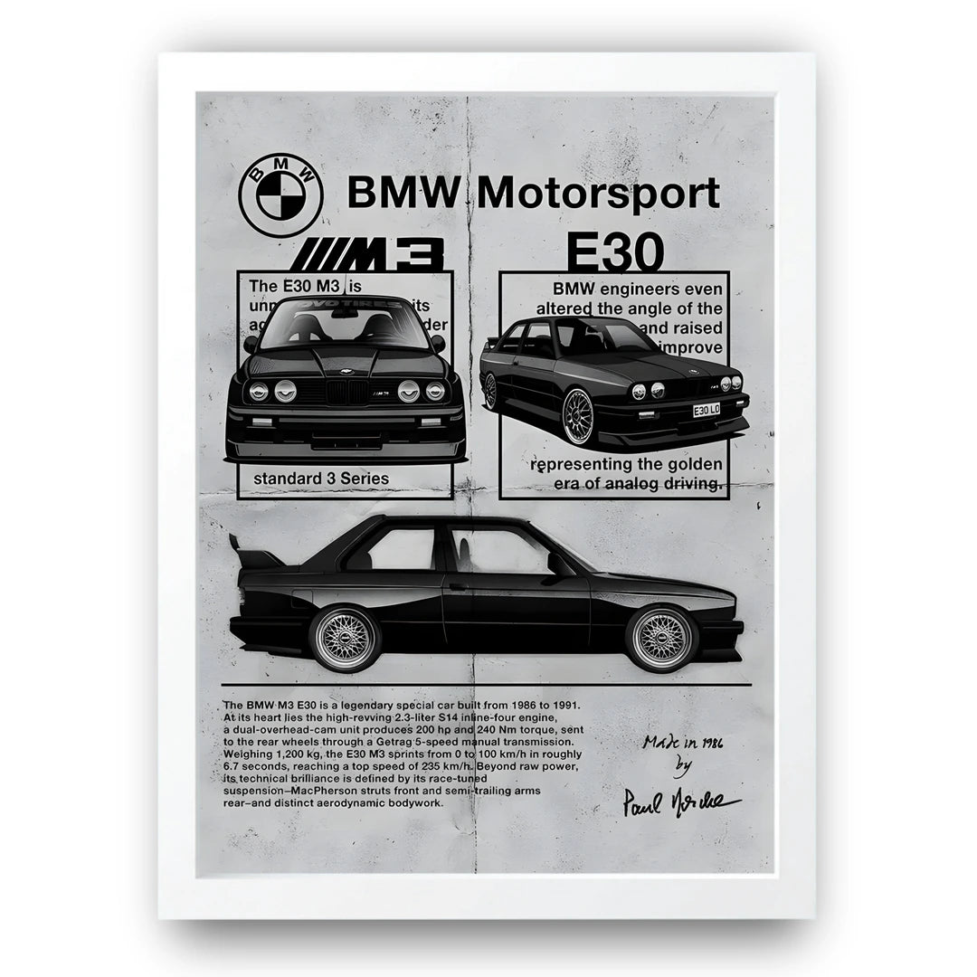 E30 Motorsport car poster in white frame