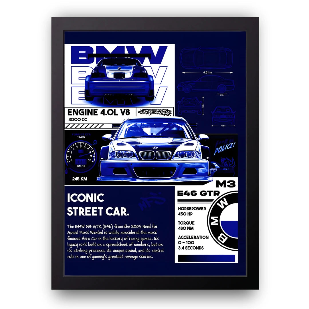 E46 Street Car car poster in black frame