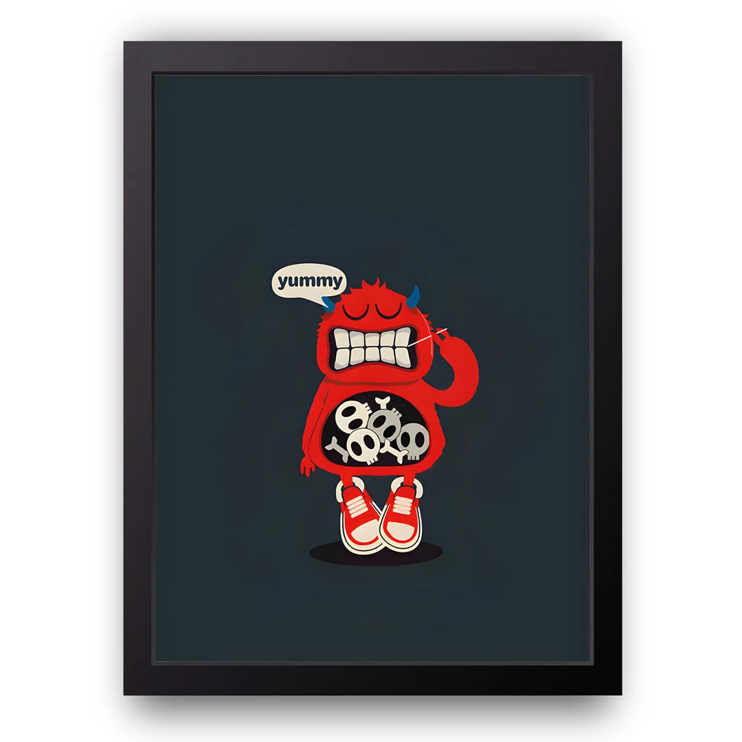 Yummy Monster cartoon poster in black frame
