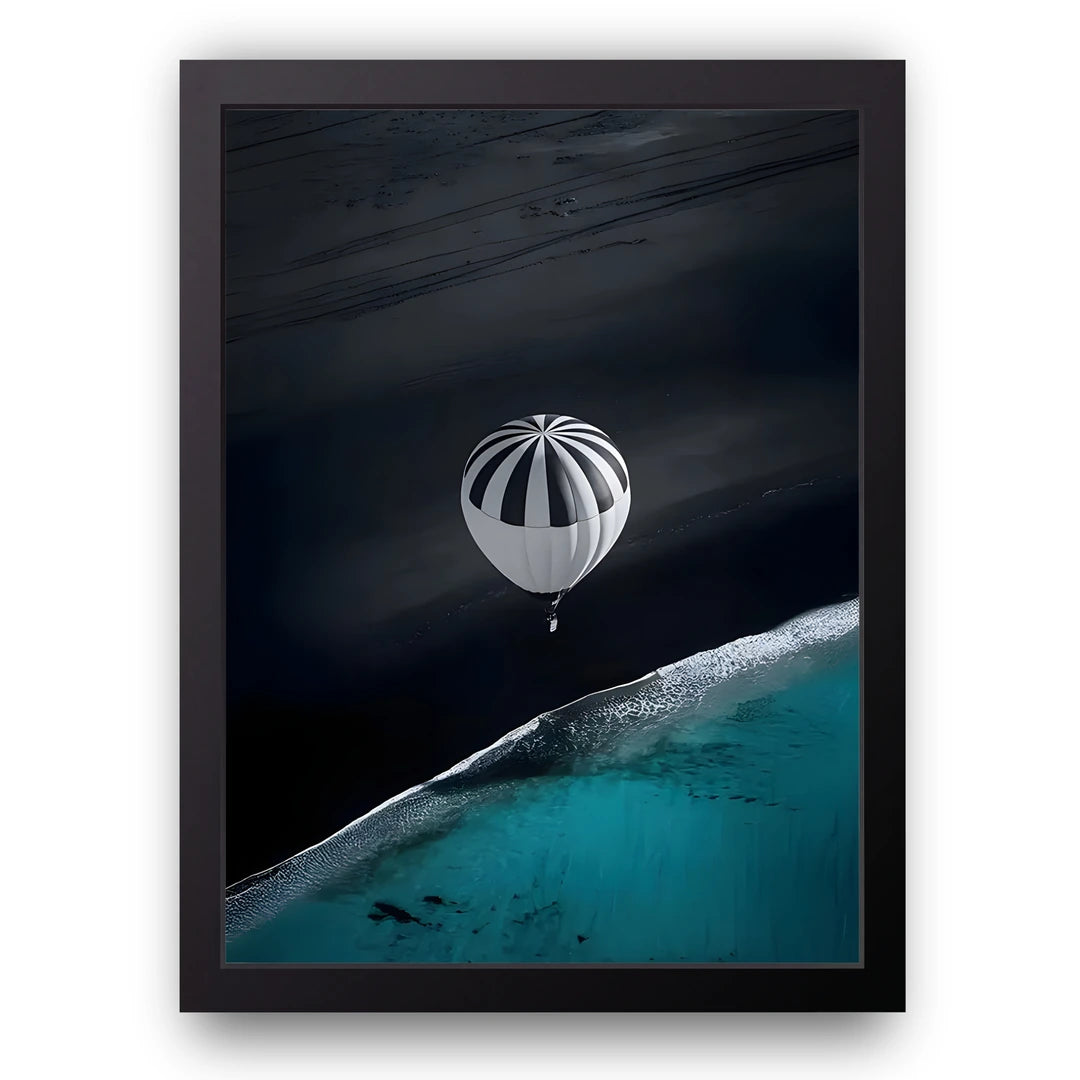 Balloon Over The Sea art poster in black frame