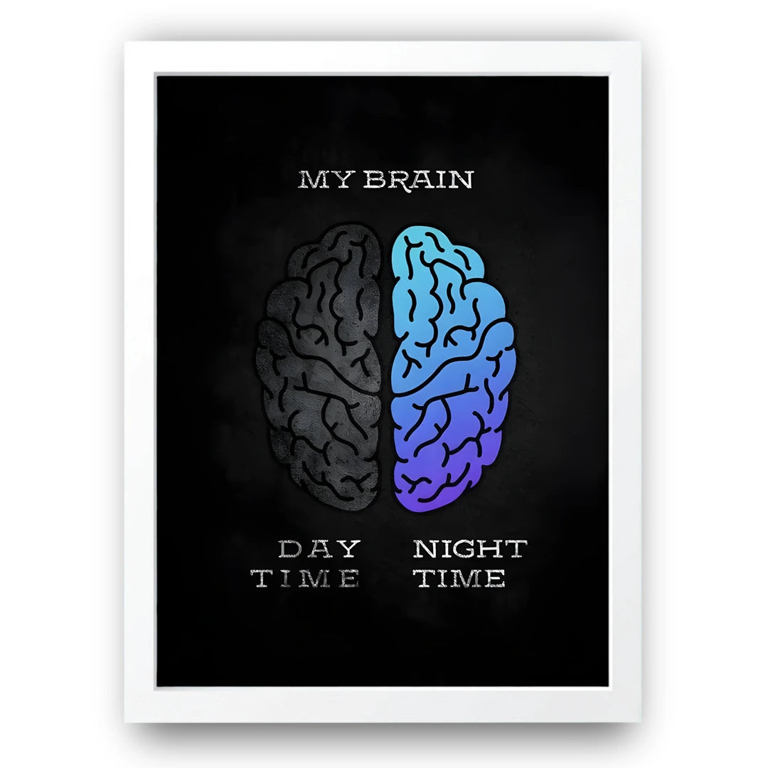 Day Brain Night Brain quote poster in white frame