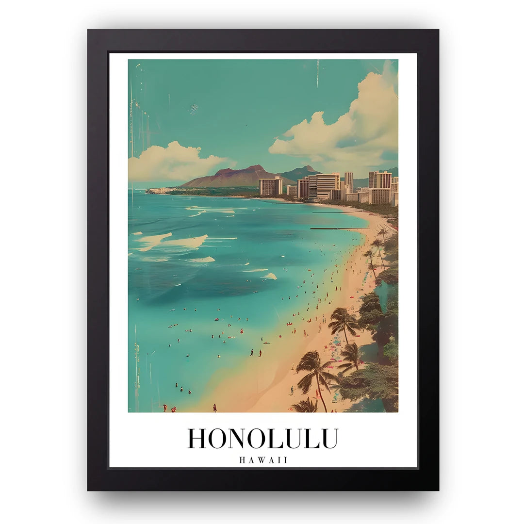 Honolulu travel poster in black frame
