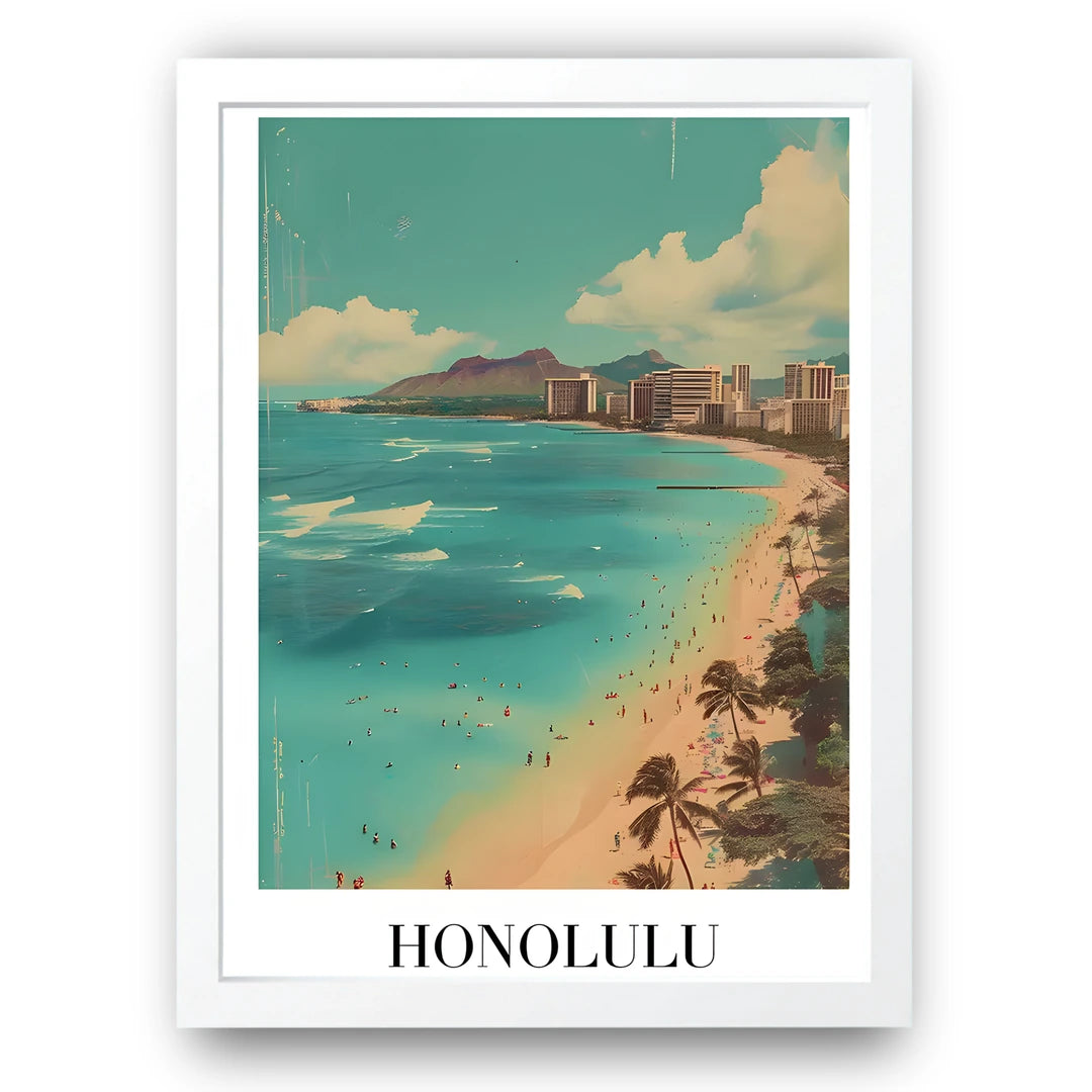 Honolulu travel poster in white frame