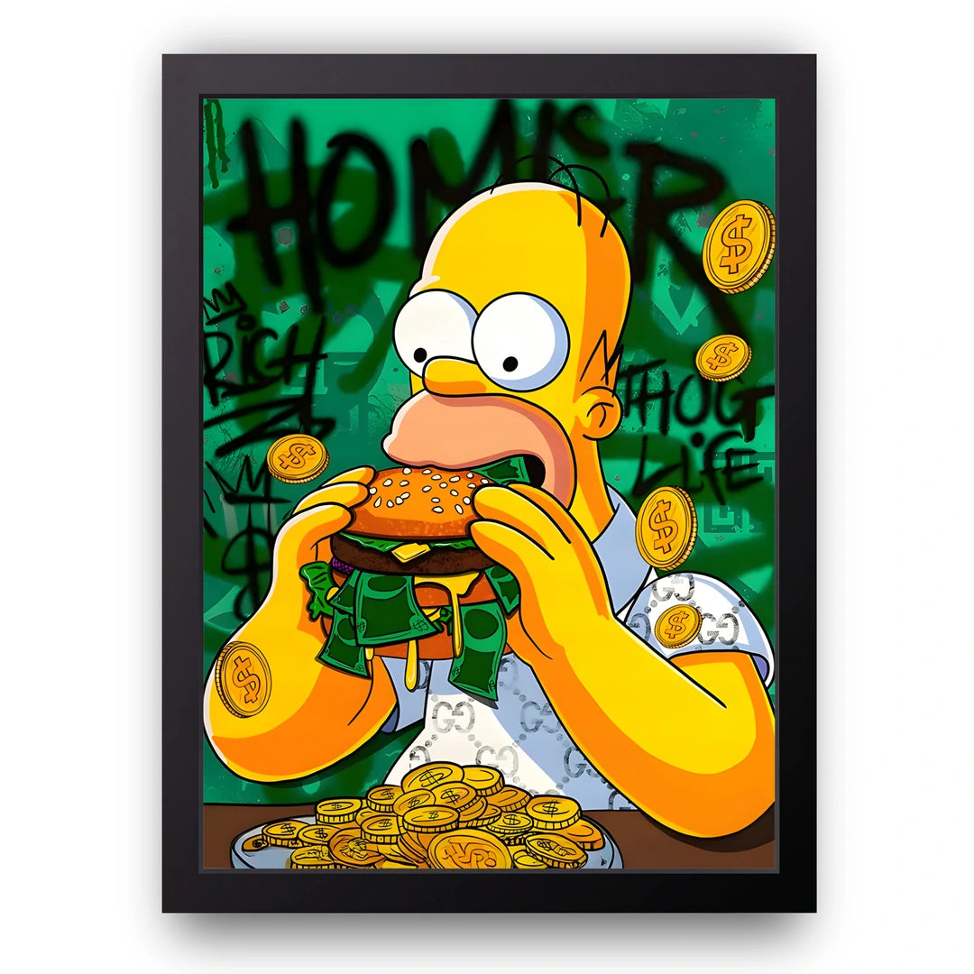 Homer Money cartoon poster in black frame