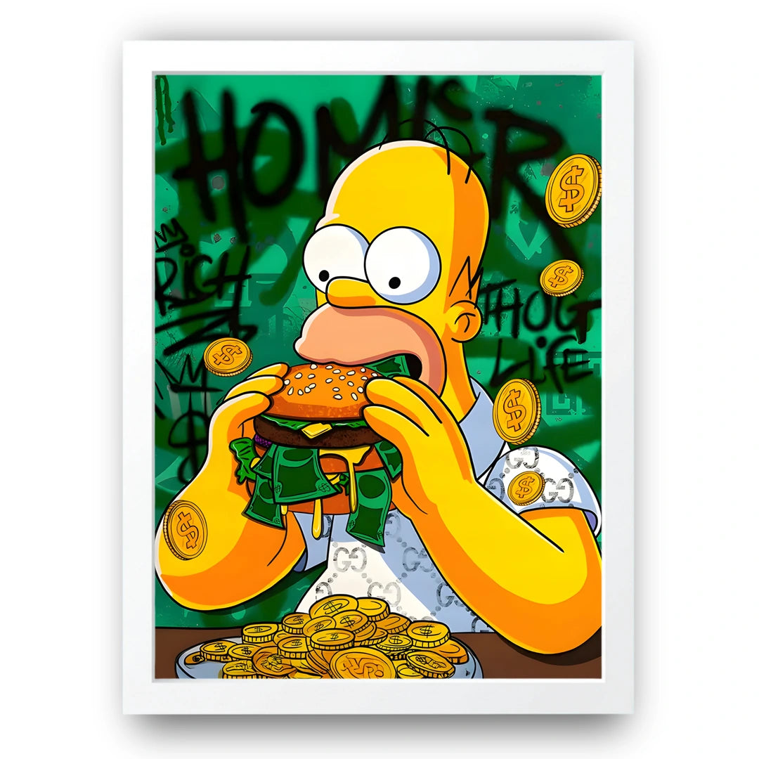 Homer Money cartoon poster in white frame