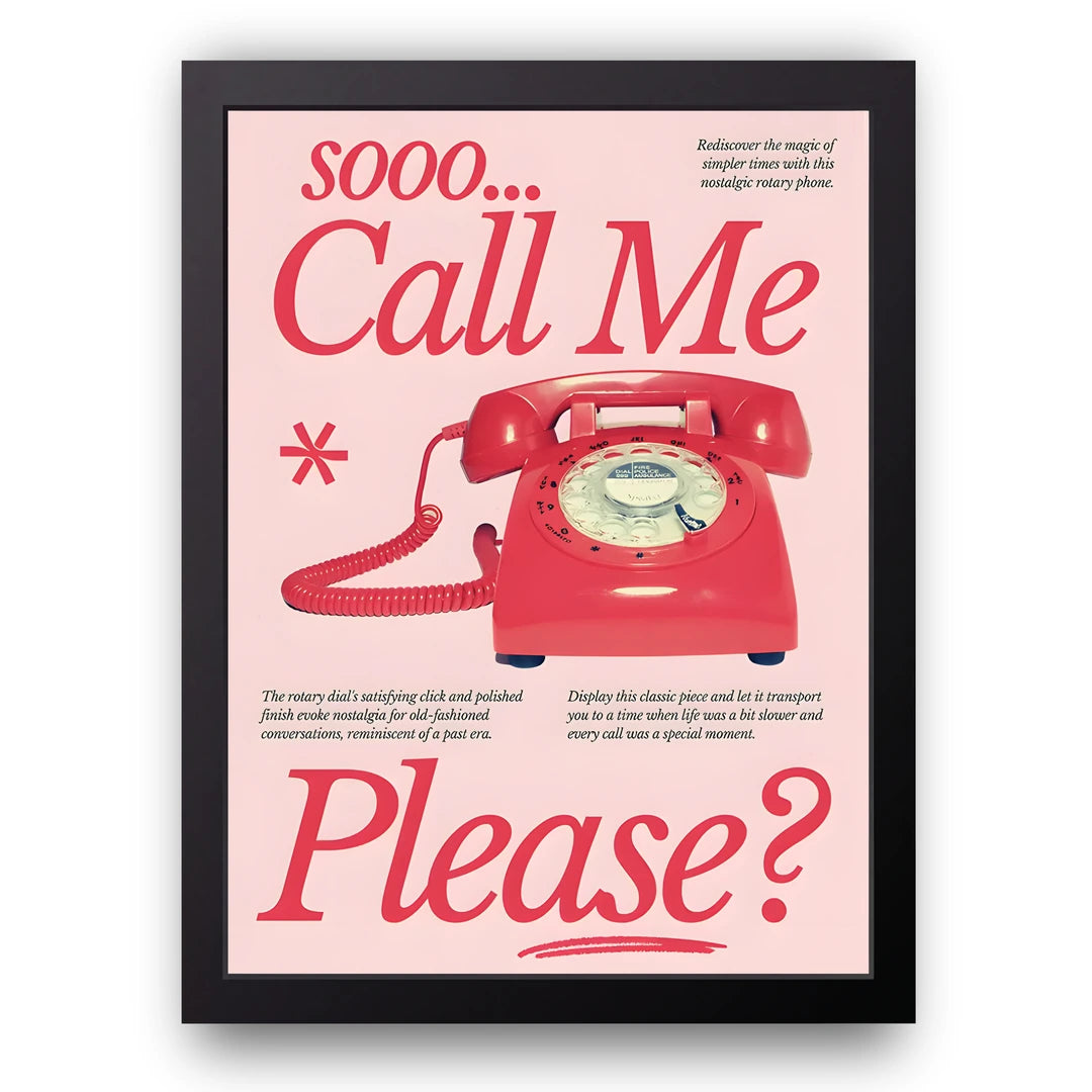 Call Me Please retro poster in black frame