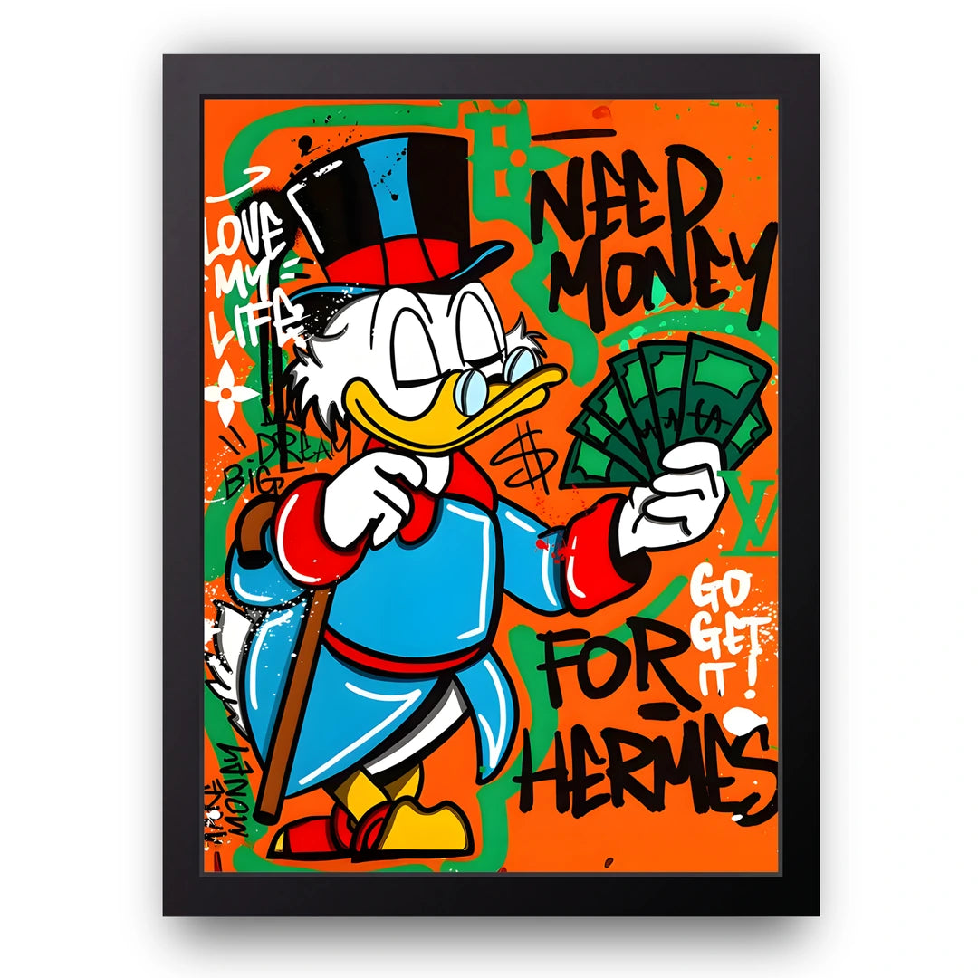 Money Duck cartoon poster in black frame