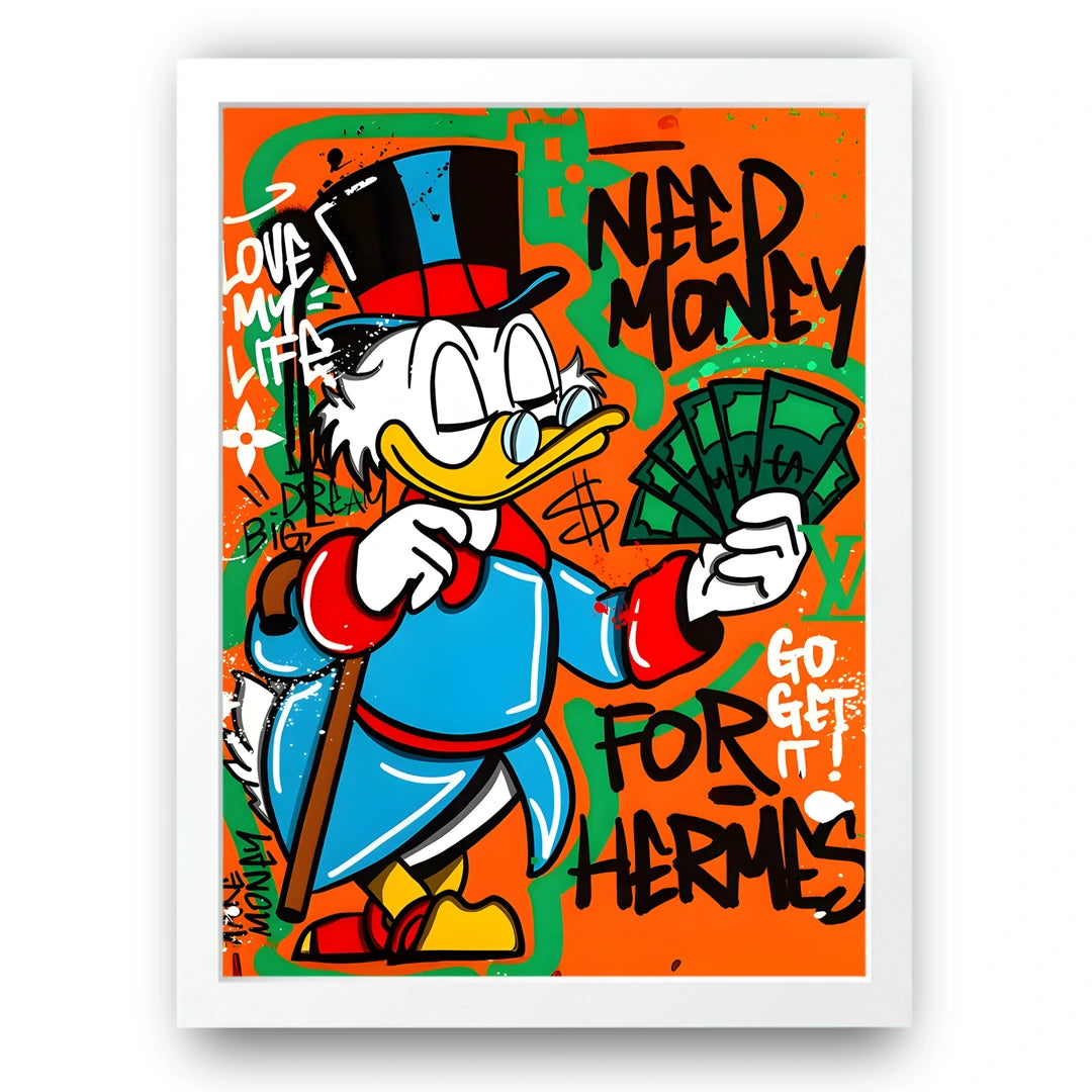 Money Duck cartoon poster in white frame