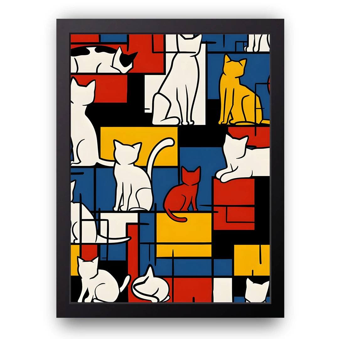 Mondrian Cats art poster in black frame