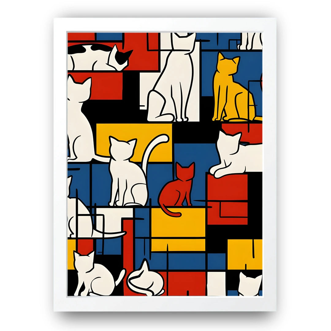 Mondrian Cats art poster in white frame
