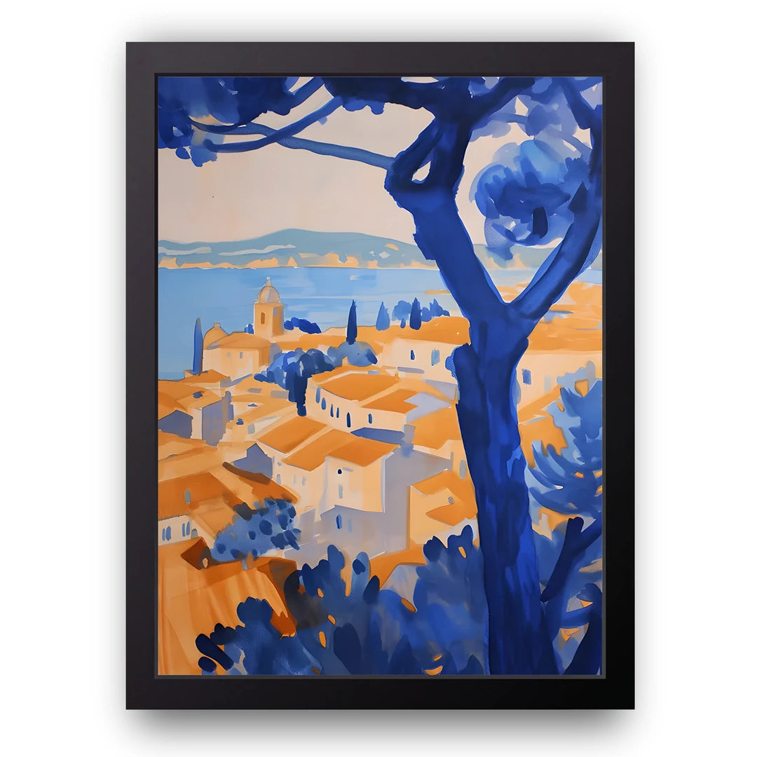 Blue Tree Village art poster in black frame
