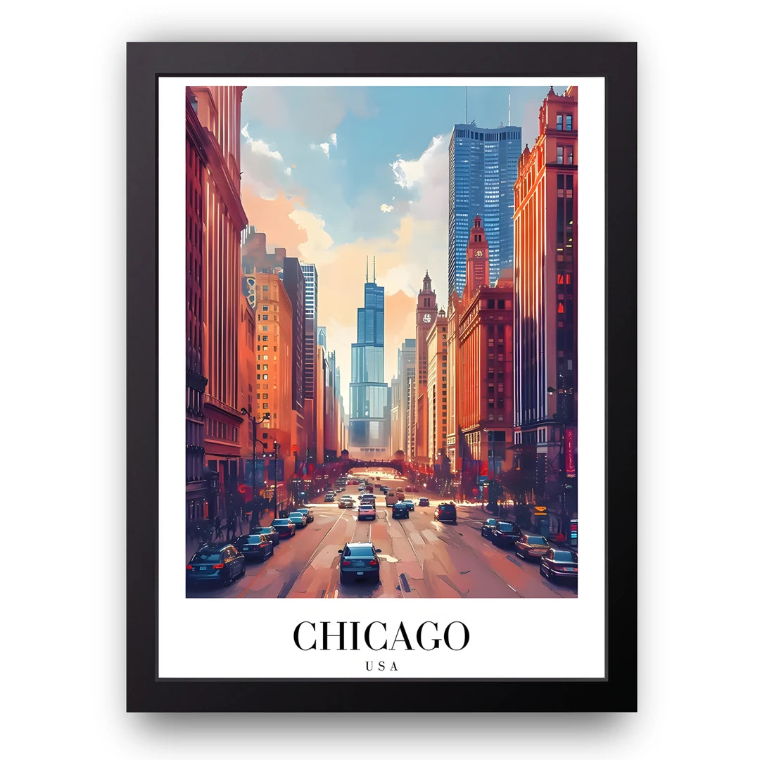 Chicago Streets travel poster in black frame