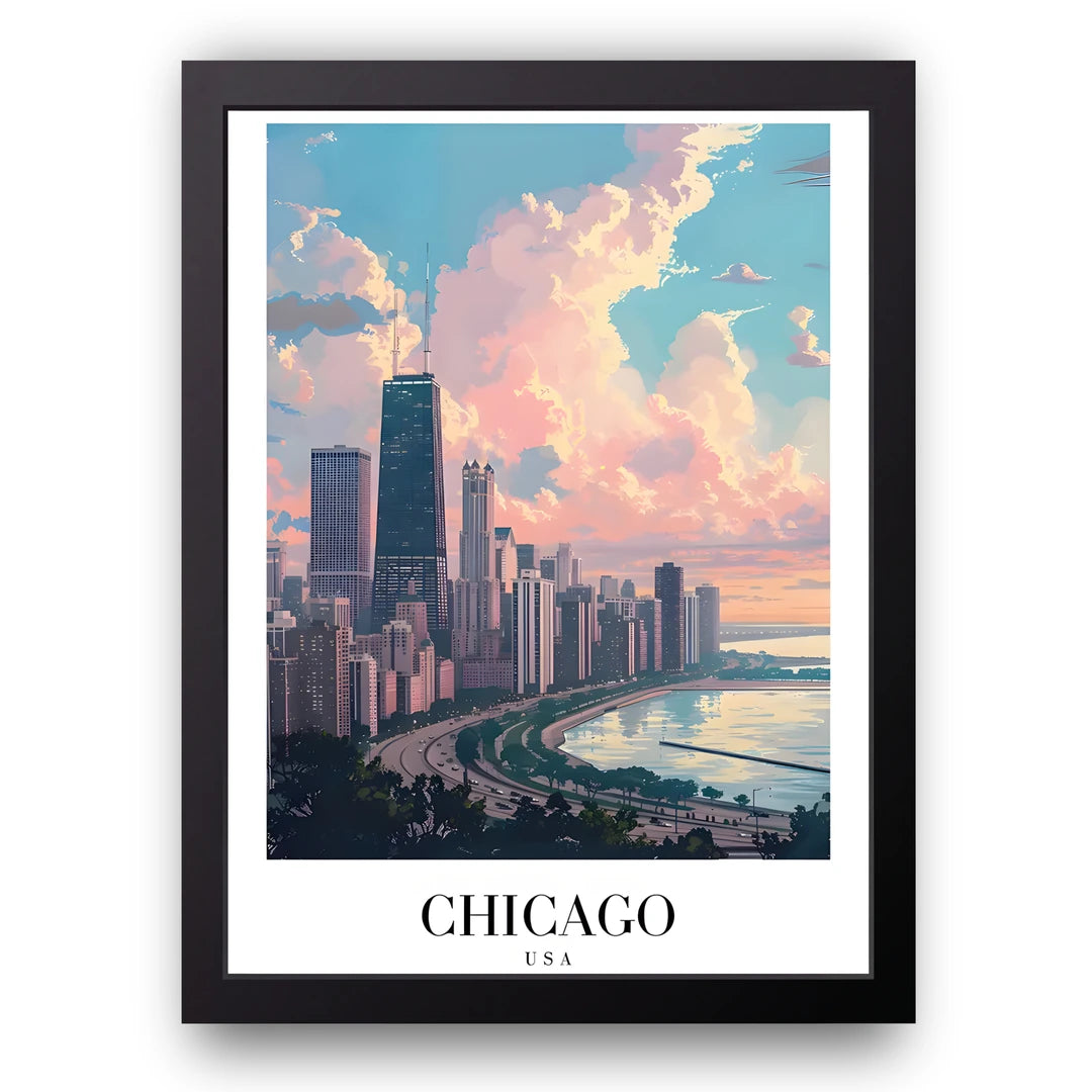 Chicago Skyline travel poster in black frame