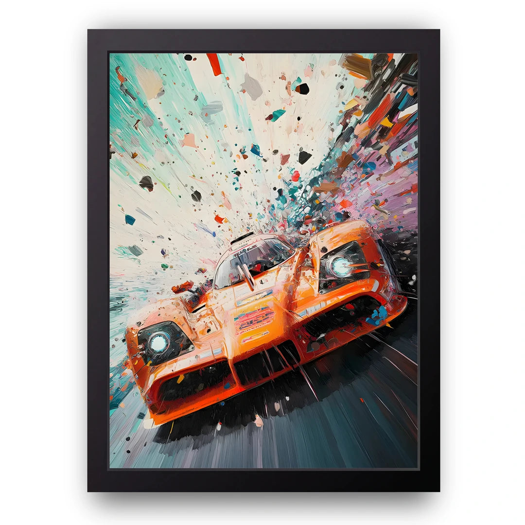 Orange Le Mans car poster in black frame