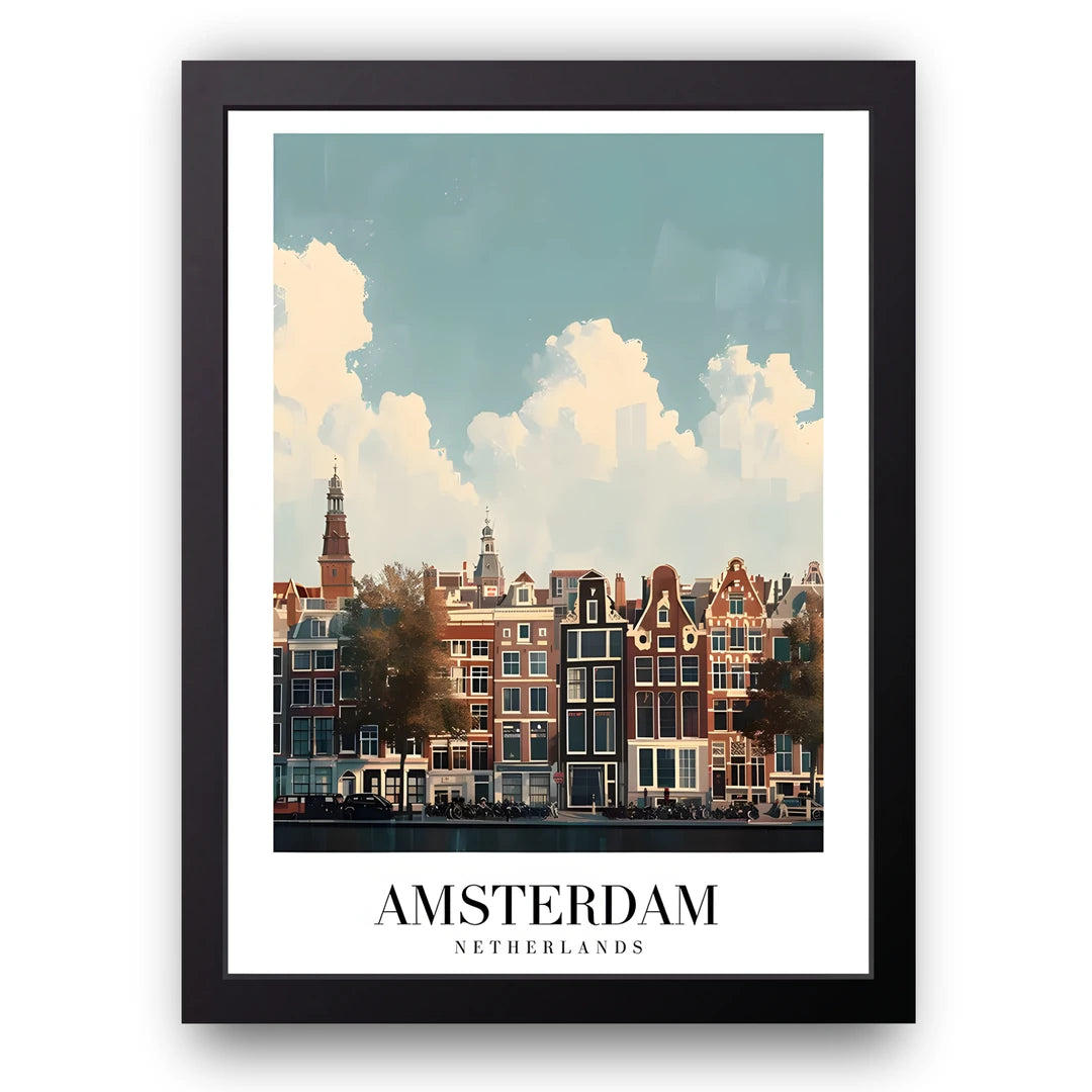 Amsterdam travel poster in black frame