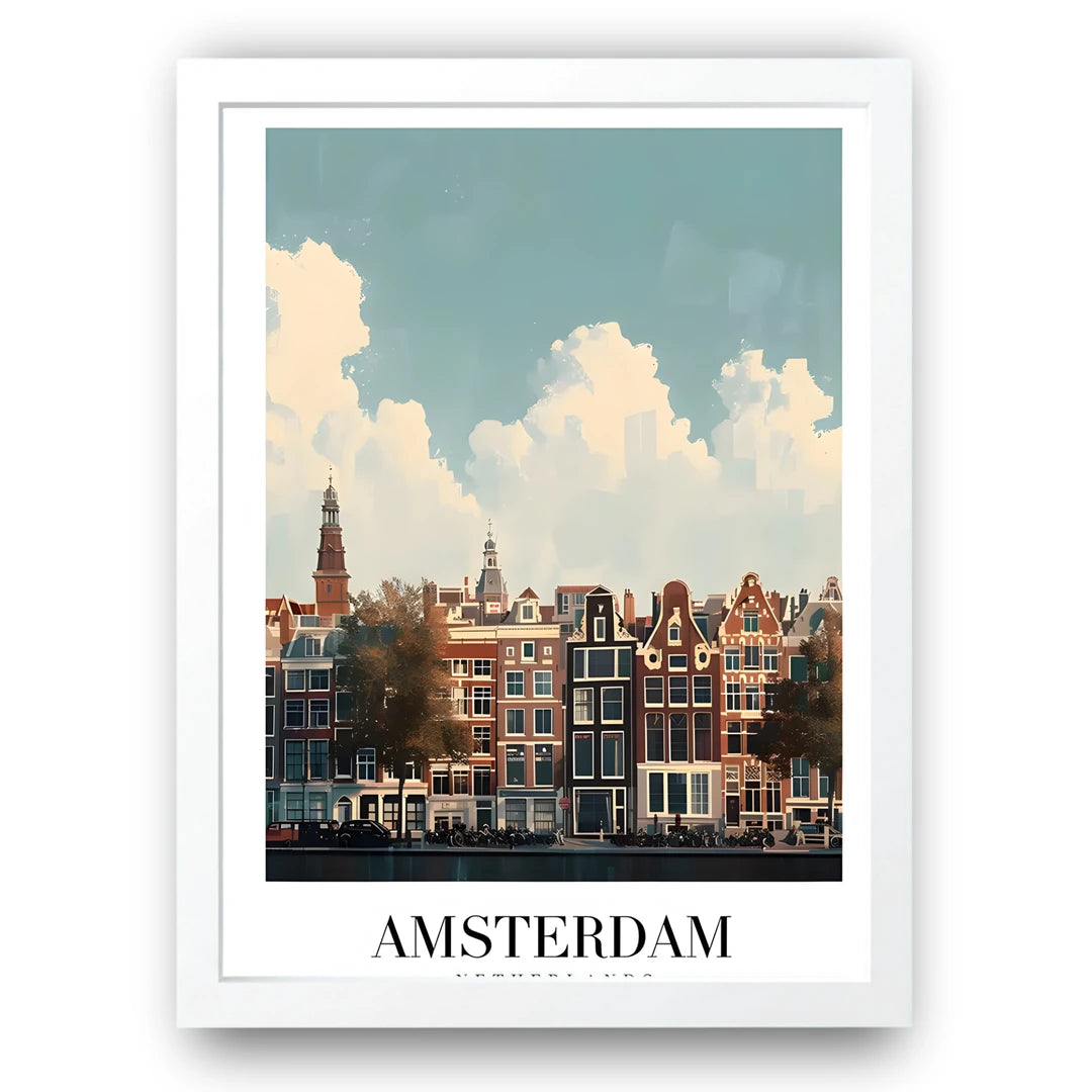 Amsterdam travel poster in white frame